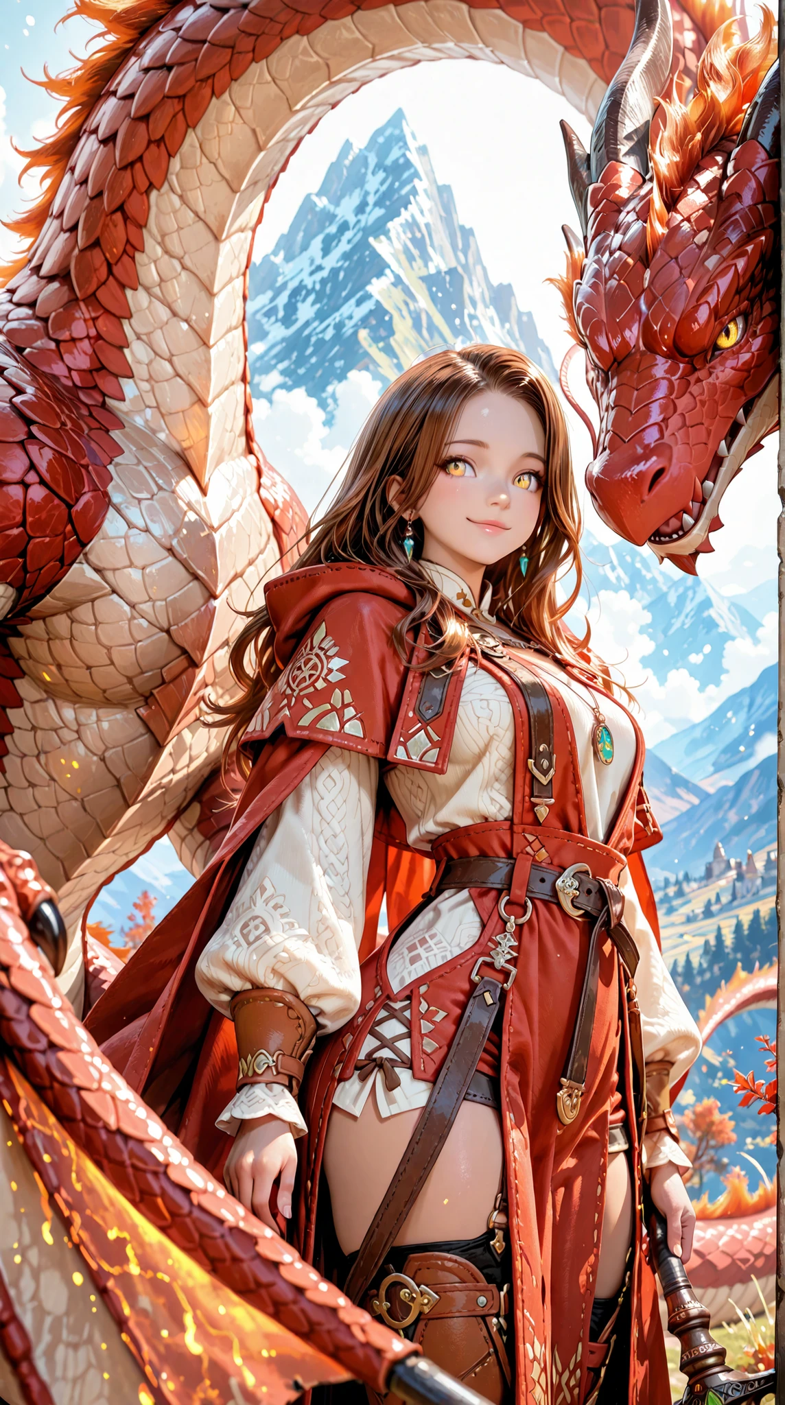 Dynamic perspective angle shot, A digital art image shows the dragon tamer, long brown hair, tan skin, bright yellow eyes, play with big red dragon. She has a calm smile watching her dragon .She wears minimal dragon trainer cloth, complete with a jewelry accessorie .The background features a mountain clearing, creating a high fantasy atmosphere. The lighting is soft and diffused, enhancing the fantasy aesthetic. The composition is balanced, with the women centered in the frame, drawing attention to her unique blend of dragon and dragoon. The overall style is reminiscent of digital painting, with smooth textures and vibrant colors.