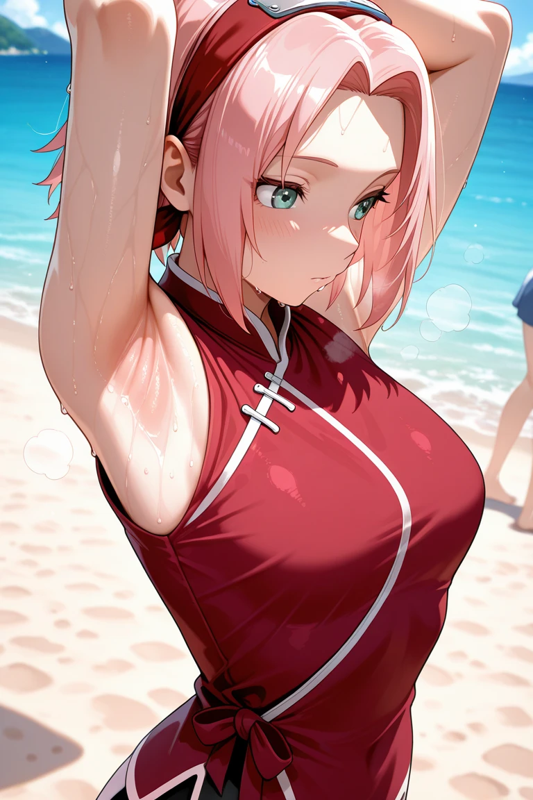 (masterpiece), (best quality), (ultra-detailed), (highest quality), (2.5D), (1 girl), very delicate facial expressions, erotic, only sexy woman, healthy figure, ((22-year-old woman)), 170cm tall, medium firm swaying breasts, (short hair), (pink hair:1.5), pink and salmon pink, ((streaked hair:1.9)), (highlights hair: 1.6), blunt bangs, red eyes, (thin thighs), (camel toe:0.7), (visible nipples:0.7), (Erect nipples:0.7), (cheongsam), shiny and lustrous, facing straight at viewer, (((in heat))), ((Oily_skin)), ((dutch angle)), ((erotic pose)), relaxing by the beach in midsummer