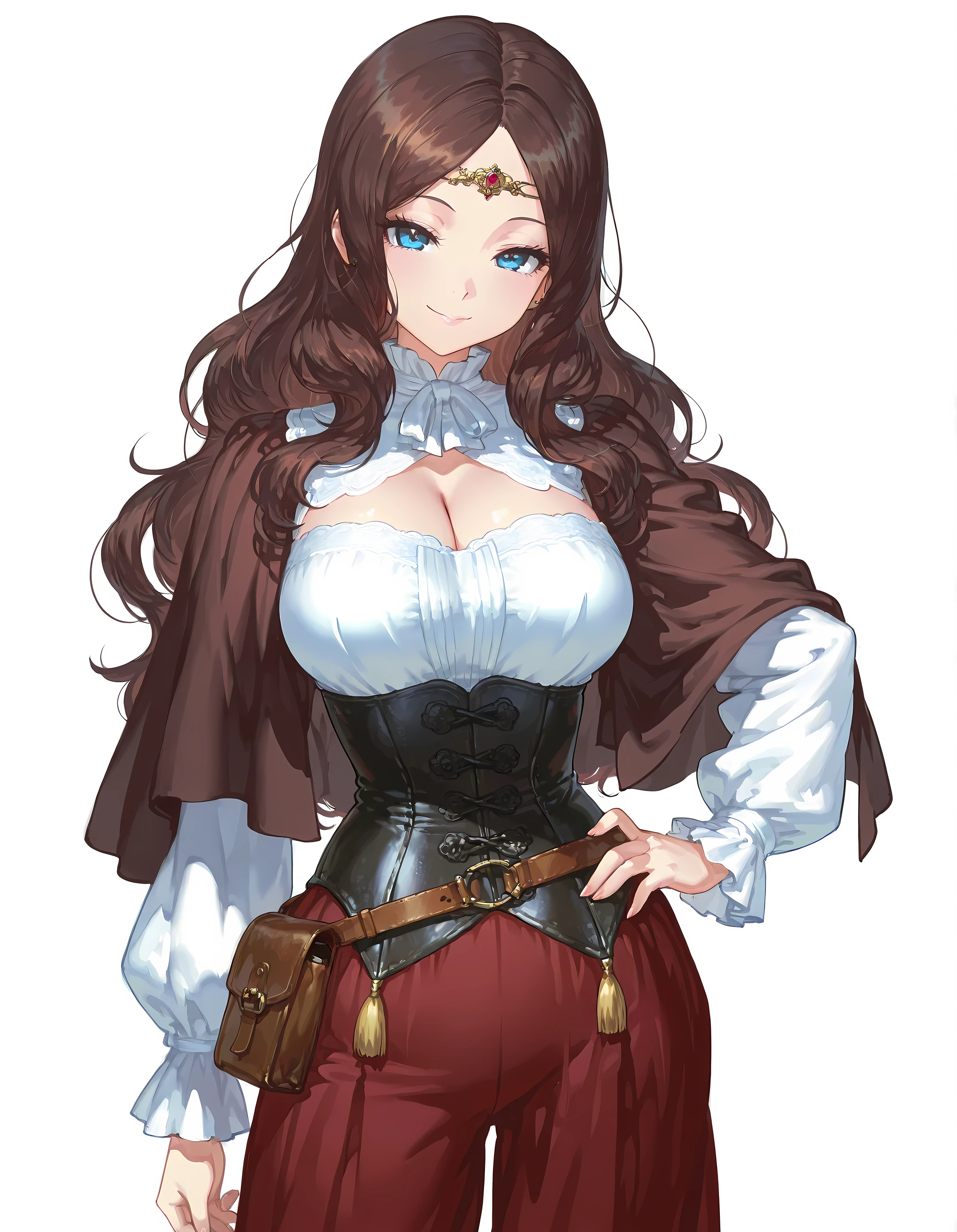 masterpiece, best quality, official anime illustration, (original character:1.2), (1girl:1.2), (solo:1.2), (Leonardo da Vinci genderbend:1.3), cowboy shot, from front, voluptuous body, large breasts, subtle cleavage, looking at viewer, standing, one hand on hip, alluring seductive smile, 15th-century Florentine scholar attire, richly dyed silk gamurra with fitted bodice and side lacing, open brocade giornea draped over shoulders, ornate leather belt with sketchbook pouch, small paint-stained brush tucked behind ear, delicate braided circlet over chestnut wavy hair, rim light, sharp line-art, vivid cel shading, simple white background
