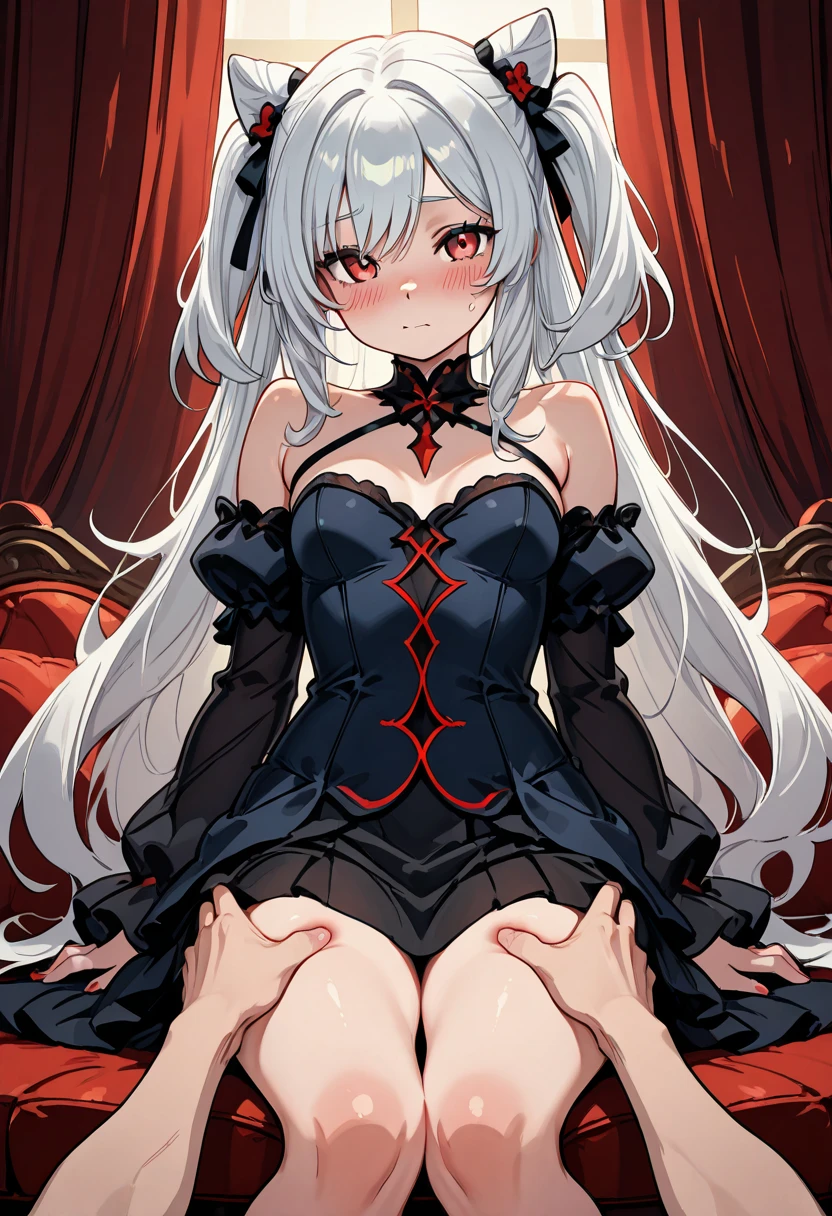 ((ultra detailed, exquisite quality, absolutely resolution)), (anime moe art style:1.3), (((young face solo Vampire girl))), ((Sexy super cute black and red dress), (vampire dress), lace lingerie, braids, silk gloves, glittering veils, beautiful headpieces, (huge breasts), breasts cleavage, (((hair silver hair))), (((long twintails:1.5))), fluffy Expressive twintails, kawaii face, ((seductive face)), backlighting, particle effect, caustics, super detailed skin, (hyper detail delicate eyes), (eyes red eyes), lying on the bed, full body,