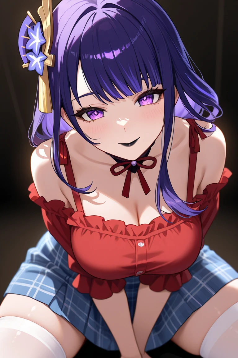 best quality, masterpiece, (leaning over:1.4), 
1girl, yuzuriha_(jigokuraku), purple hair, brown eyes, ninja, open clothes, cleavage, small breasts, topknot, medium hair, breasts apart, seductive smile, pants, undressing,  (blush:1.1),  japanese exterior, temple,