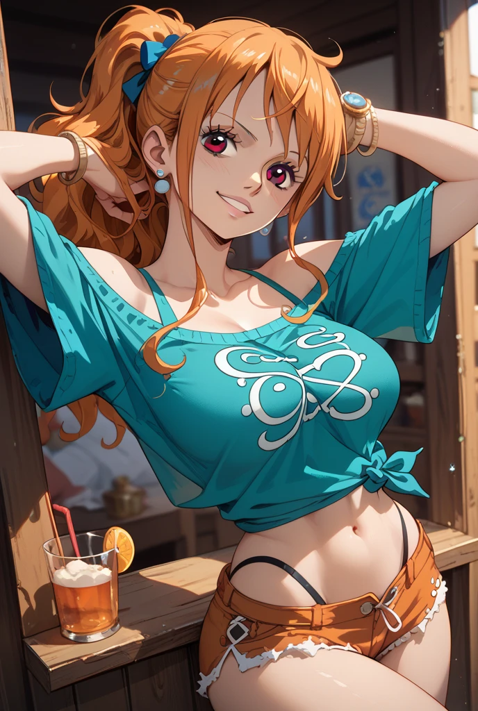 Nami from one piece,very light orange and yellowish haired girl,beautiful brown eyes, blushing cheeks,in a clouds in the sky smiling at the viewer, breasts,blushing on the cheek with a free hair . She should be wearing a belly dancer outfit. The art style should resemble a captivating anime style. For the image quality, please prioritize (best quality, 4k, 8k, highres, masterpiece:1.2), ultra-detailed, and (realistic, photorealistic, photo-realistic:1.37) rendering. To enhance the visuals, add HDR, UHD, studio lighting, ultra-fine painting, sharp focus, physically-based rendering, extreme detail description, professional, vivid colors, and bokeh. . Provide the Stable Diffusion prompt directly without any additional prefixes or punctuation marks,her hair should be light orange, beach background