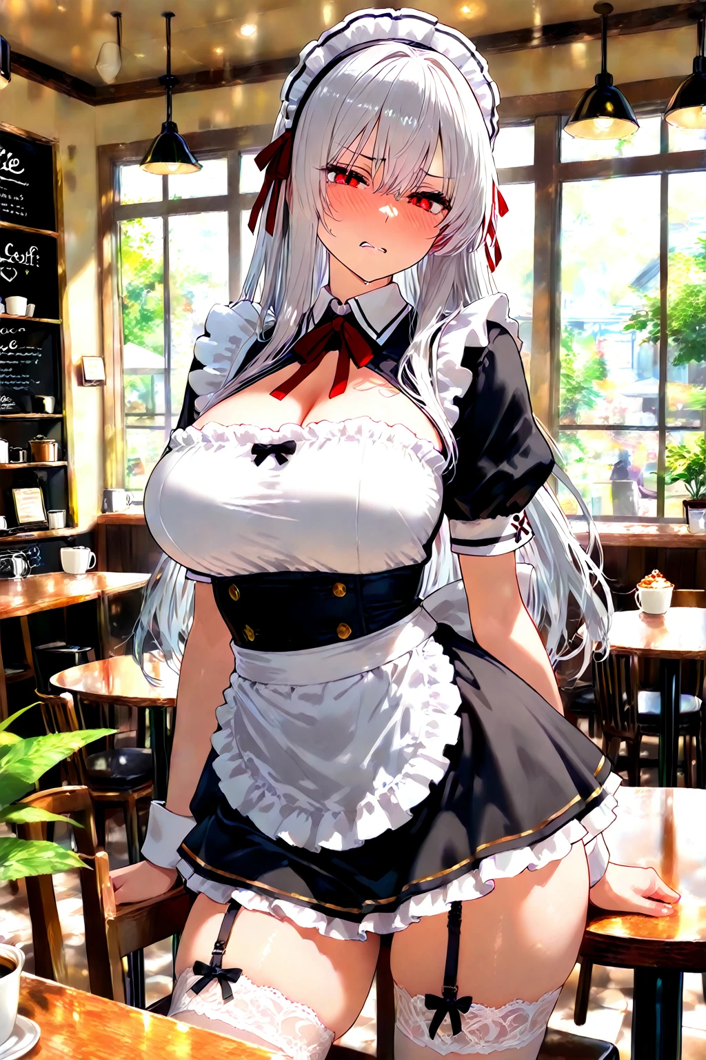 (masterpiece, best quality:1.4), illustration, 8k, hd, 1girl, solo, elegant_long_hair, white_hair, dress, white_thighhighs, no underwear, short_sleeves, frills, apron, brown_eyes, cleavage, metal_collar, anchor_choker, maid, white maid, ((big breast, glasses, smug)), (restaurant, maid cafe)