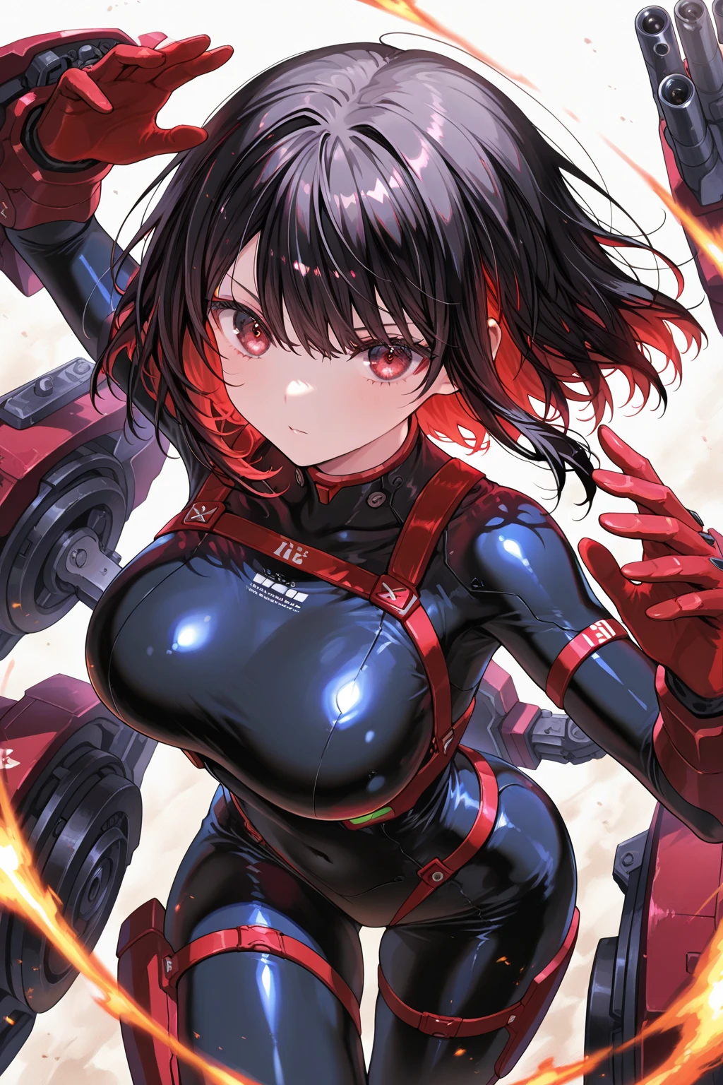 Red cyborg suit、、beautiful girl、ponytail、Black Hair、fight、blue beam、H Cup、Sparks fly,