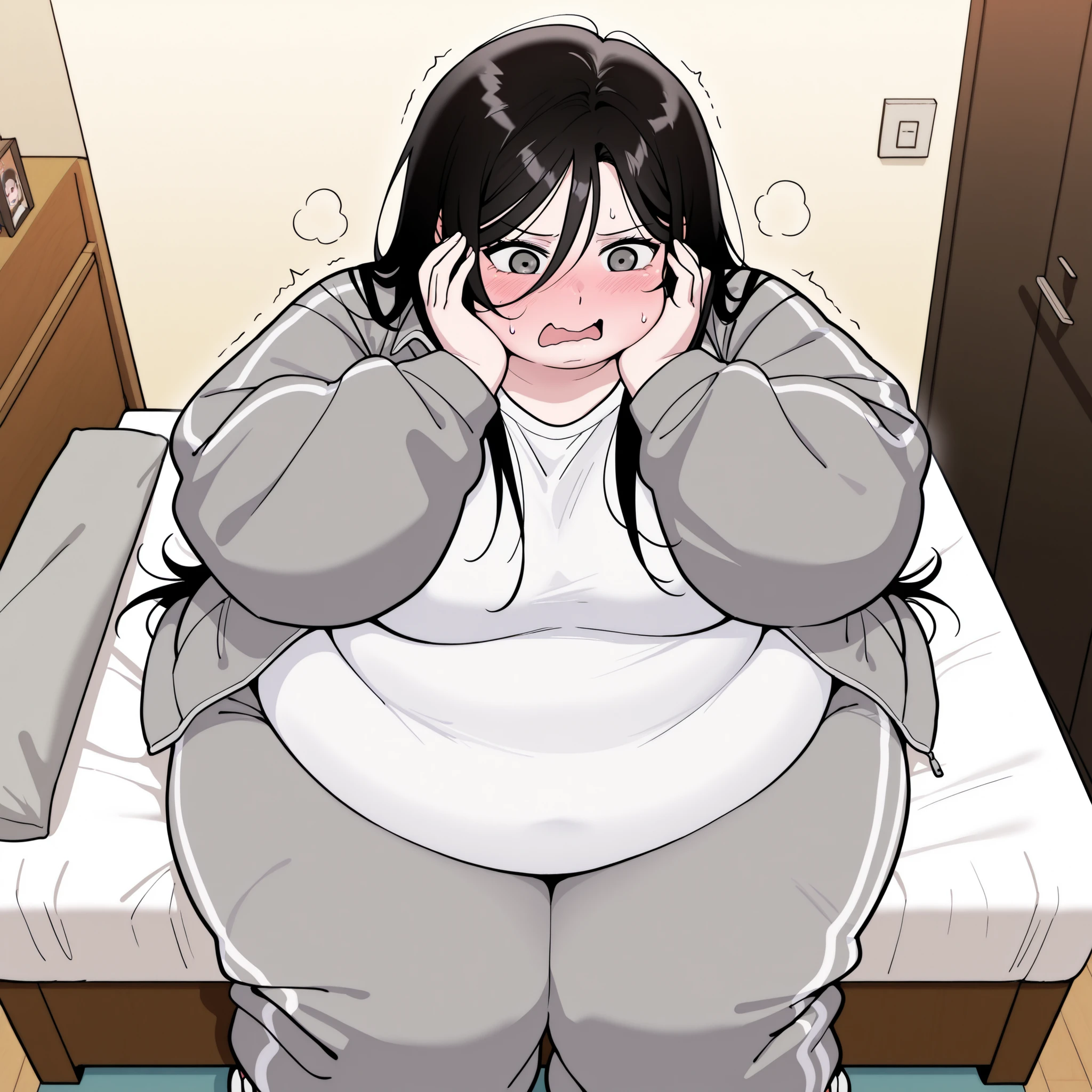 A very obese big girl, ((blob)), short blue hair, black bikini, perfect body, in a bed, very fat limbs, a big fat belly,