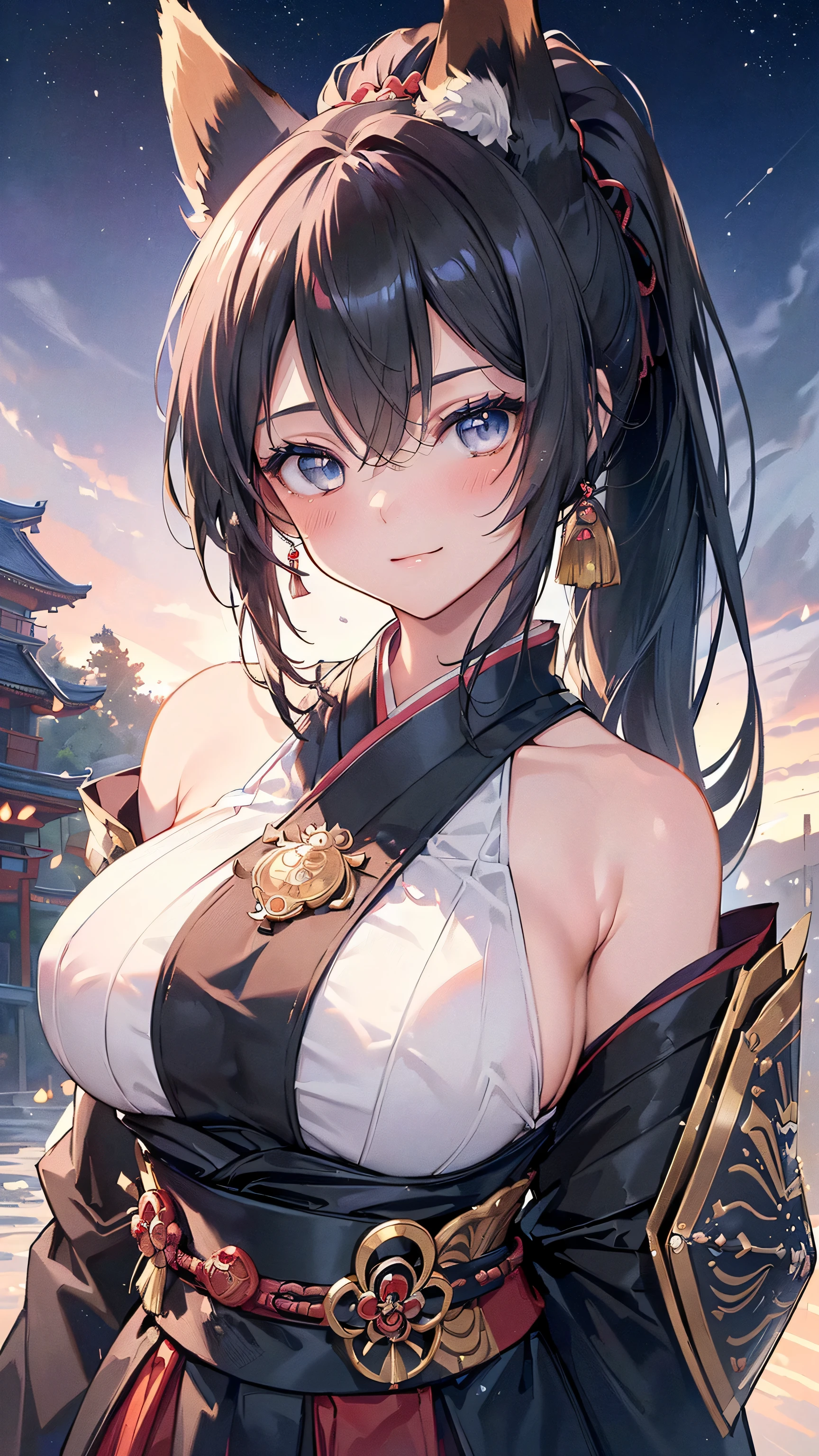 1girl, five fingers, looking at viewer, ponytail, ((best quality)), ((ultra-detailed)), samurai, Japanese clothes armor, dynamic angle, smile, black hair, long hair, stylish pose, open mouth, japanese Castle, large breasts, cleavage,