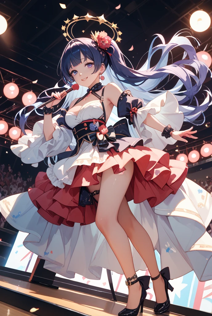 A woman wearing a black Idol uniform, empty shoulders, big breasts, long black hair, pigtails, red eyes, red rose in her hair, long black stockings, smiling on a music stage with red lights illuminating the place, full body.HDR, ultra resolution, well defined, masterpiece, 8K HD. (solo woman)