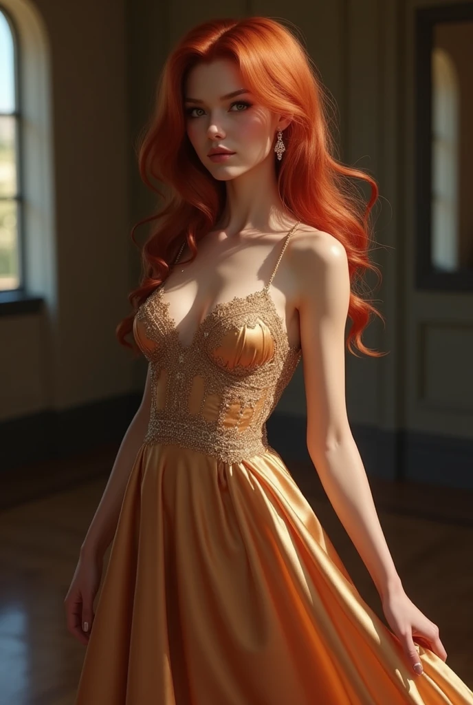 (best quality,4k,8k,highres,masterpiece:1.2),ultra-detailed,(realistic,photorealistic,photo-realistic:1.37),fashion photography, Angelic girl, beautiful detailed eyes, beautiful detailed lips, long eyelashes, (((random hairstyle))), (((ginger hair colour))), stylish makeup, perky, gorgeous model, posing with confidence, smile, modern photography techniques, striking contrast between light and shadow, soft and natural lighting, pale skin tone, subtle blush, pop of colour on the lips, dramatic background with vivid colours, artistic composition, ethereal atmosphere, whisper of wind blowing through her hair, graceful and elegant posture, bokeh effects, (((golden loose sheer short night dress))), exquisite accessories, bold and creative fashion choices, (((standing in front of a large window with views to the city))), (((night)))