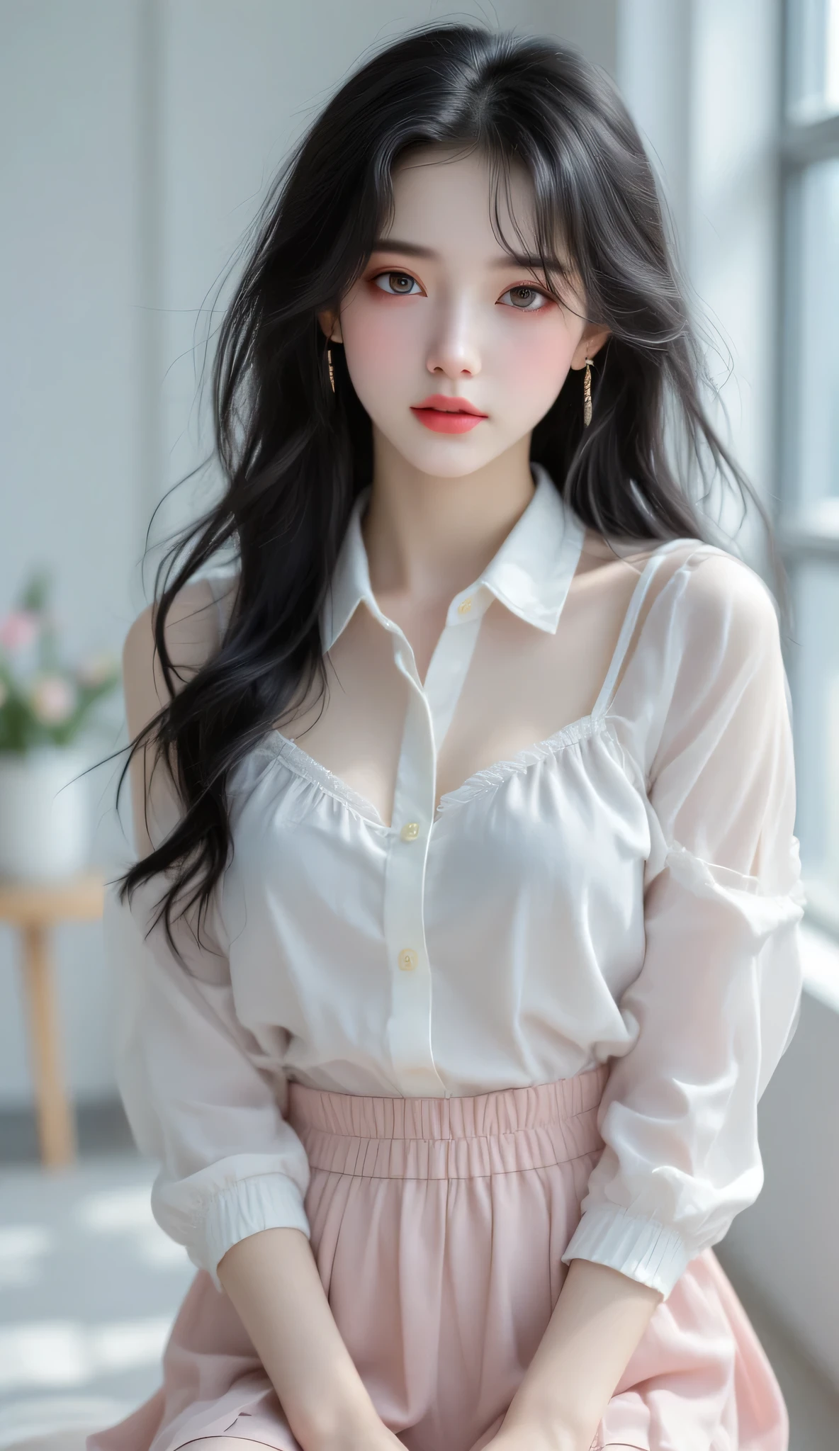 Perfect hot long hair, k-pop, her body is like a model, ((best quality, 8k, RAW photo, masterpiece :1.3)), (realistic :1.37), highly detailed, ultra high resolution, (professional lighting), looking at the camera, ((full body photo)), small breasts, perfect face, beautiful expression, beautiful face, beautiful eyes, one high school girl, beautiful girl, beautiful black hair, (school girl uniform, button down shirt :1.2, off shoulder, mini pleated skirt, pale pink string panties),