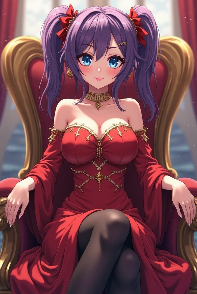 masterpiece, best quality,8k wallpaper, from above,nishikino maki, off shoulder jumpsuit, necklace,wrist band , purple eyes ,big breasts , sitting on throne, queen tiara, blushing
