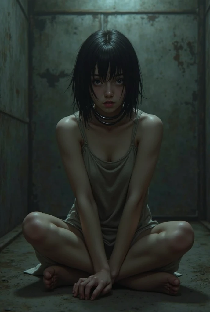 melhor qualidade, uma mulher de cabelo preto e olhos vermelhos, trapped in a dungeon, roupas maltrapilhas, assustada, chorando, robin, cabelos curtos, assustada, triste, sitting on the dirty floor, roupas rasgadas e sujas, cansada, uma pessoa, roupas sujas, presa, robin, jaula
