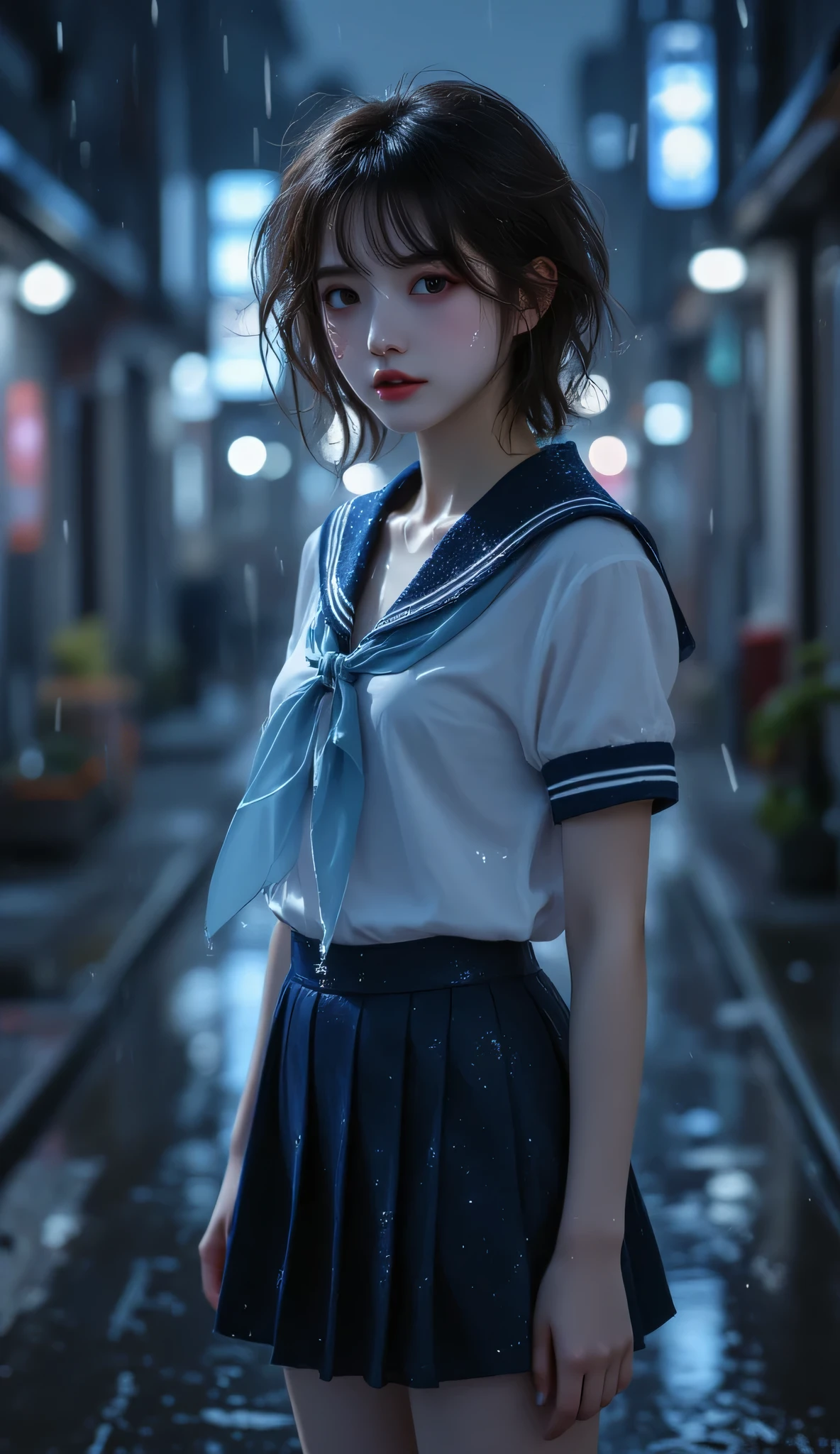 ((Highest quality)), ((masterpiece)), (detailed), ((very detailed face)), High resolution photograph, ((full body portrait)), (A female high school student, She wears a short-sleeved white sailor uniform with a navy blue collar and a sky blue scarf, a navy blue mini pleated skirt, and black loafers), Sexy seduction, Fluffy short hair, Medium hair, Messy hair, Asymmetrical bangs, Brown hair, Tall woman, B cup bust, Slim figure, Body facing forward, Beautiful eyes in detail, Realistic eye and facial details, Mouth closed, Standing in a dark, deserted alley in a big city at night in the pouring rain, A scene from a movie, (Rain-soaked clothes become transparent),