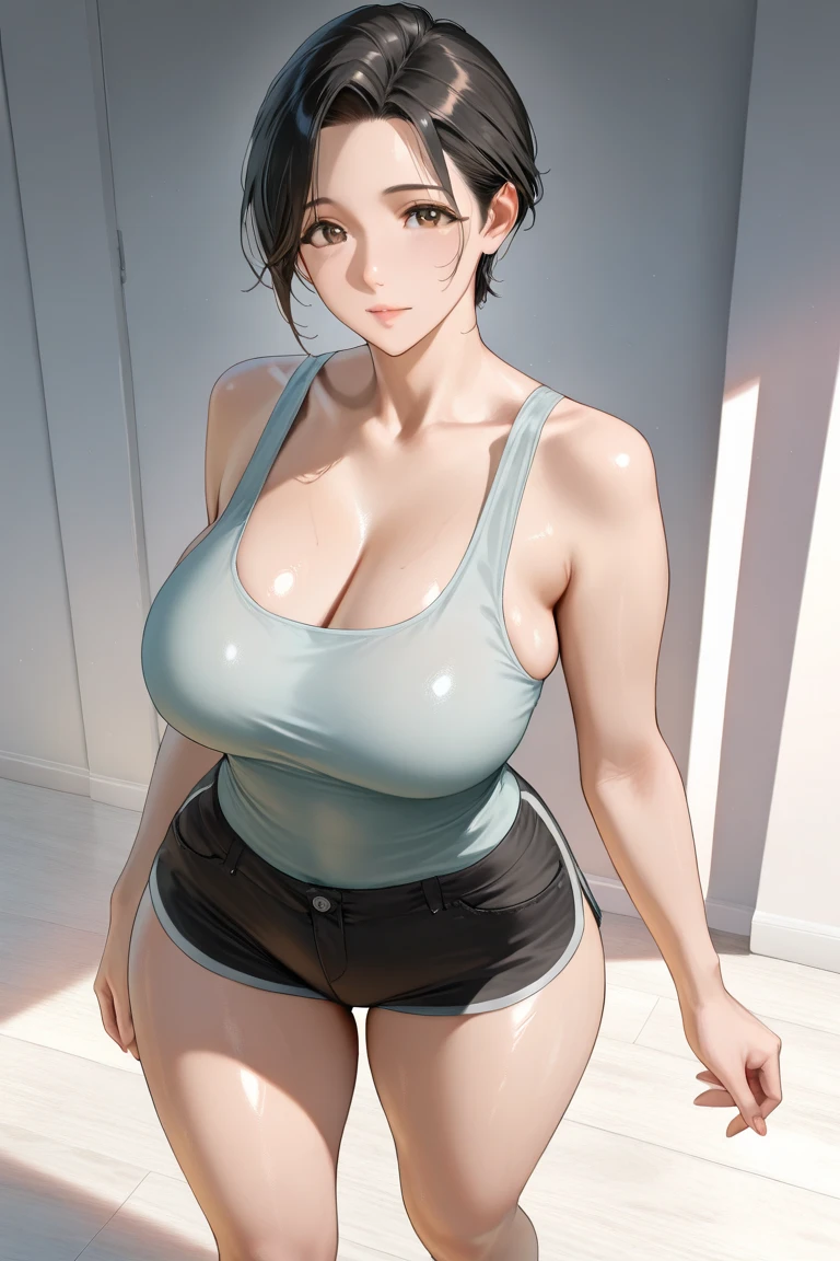Model: AuntJune, auntjunev2
Hair: brown hair, hair bun, bangs, messy hair, ponytail, long hair
Body: mature female, large breasts, lips, looking away
Clothing: Blindfold with white duct tape (width: 1.3) Body wrapped in white duct tape
Scene: Imprisoned in a warehouse, solo
Lighting: cinematic lighting
Focus: sharp focus
Blindfold with white duct tape (width: 1.3)
Body wrapped in white duct tape