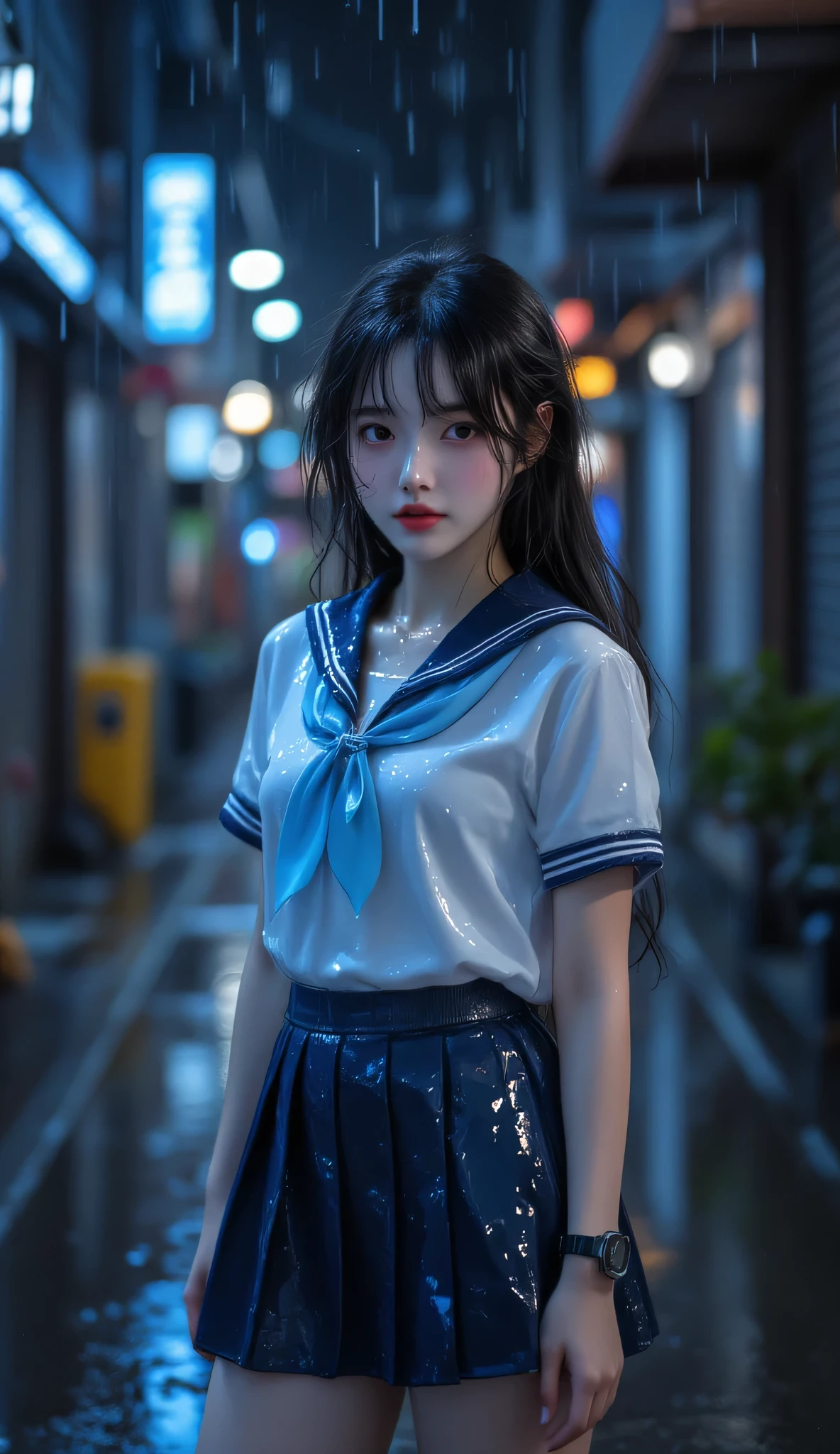 ((Highest quality)), ((masterpiece)), (detailed), ((very detailed face)), High resolution photograph, ((full body portrait)), (A female high school student, She wears a short-sleeved white sailor uniform with a navy blue collar and a sky blue scarf, a navy blue mini pleated skirt, and black loafers), Sexy seduction, Perfect hot long hair, beautiful black hair, k-pop, her body is like a model, (professional lighting), looking at the camera, small breasts, perfect face, beautiful expression, beautiful face, beautiful eyes, beautiful girl, pale pink string panties, Standing in a dark, deserted alley in a big city at night in the pouring rain, A scene from a movie, (Rain-soaked clothes become transparent),detailed background,