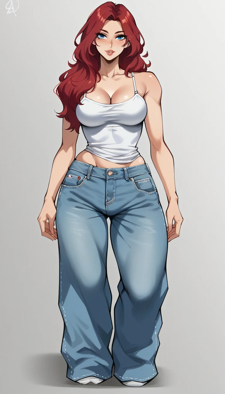 ((((masterpiece, best quality)))), ((33 year old)), (((Curvy))), ((Latina with long red hair)), in ((white tanktop)), ((white high cut panties)), ((Red lipstick)), ((Standing in a messy bathroom)), (((Western cartoon style)))