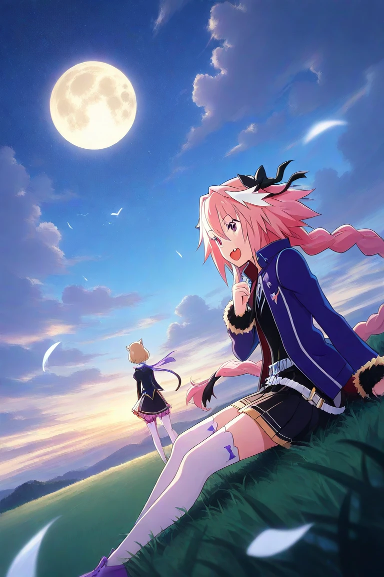 /girl, (pink hair 1.3), double ponytail, sitting on a cloud, witch cloak, wand in hand, full moon in hand
