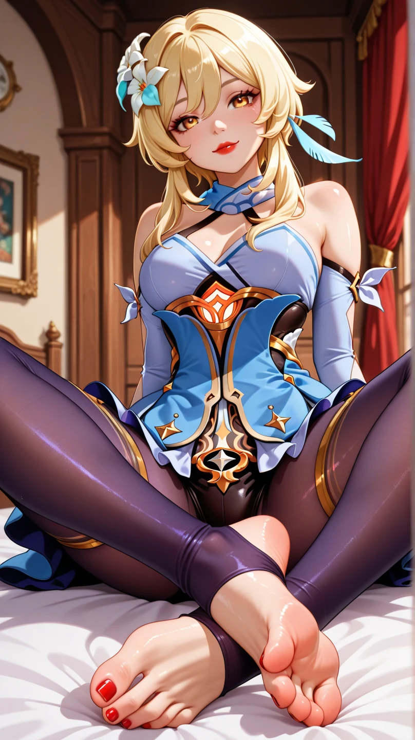 petite, cute, flat, ojou-sama, long blond hime cut, hair slicked back, forehead, blue eyes, smug, thick thighs, side slit dress, revealing clothes, thighhighs and gloves, covered nipples, pussy peak, naughty face, heavy breathing, seductive smile, masturbation, sitting, throne, bedroom, 1boy, erection, penis, cum