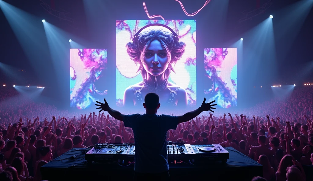 A 3D render of a surreal digital artwork featuring **David**, a muscular, god-like figure with an imposing and powerful presence. David’s well-defined, chiseled physique stands out as he becomes one with the music, wearing sleek, futuristic headphones and skillfully manipulating a high-tech DJ deck. Every contour of his strong, muscular body is accentuated by the intense, dramatic lighting that casts dynamic shadows across his frame. In one hand, he holds a lit cigarette, with wisps of smoke intertwining with vibrant, colorful music notes that float and pulse in the air, moving in harmony with the beat.
The background is alive with a vibrant explosion of swirling colors—ranging from electric blues and fiery reds to radiant purples and greens—creating a dynamic and captivating atmosphere. The scene masterfully blends the grandeur of ancient Greek architecture with futuristic, sci-fi elements, as towering columns and holographic structures merge in the surreal landscape. A radiant halo encircles David’s head, reinforcing his divine, yet contemporary, presence. The artwork is rich in high contrast, vivid colors, and cinematic lighting, capturing the powerful combination of music, mythology, and futuristic energy in a visually stunning composition.