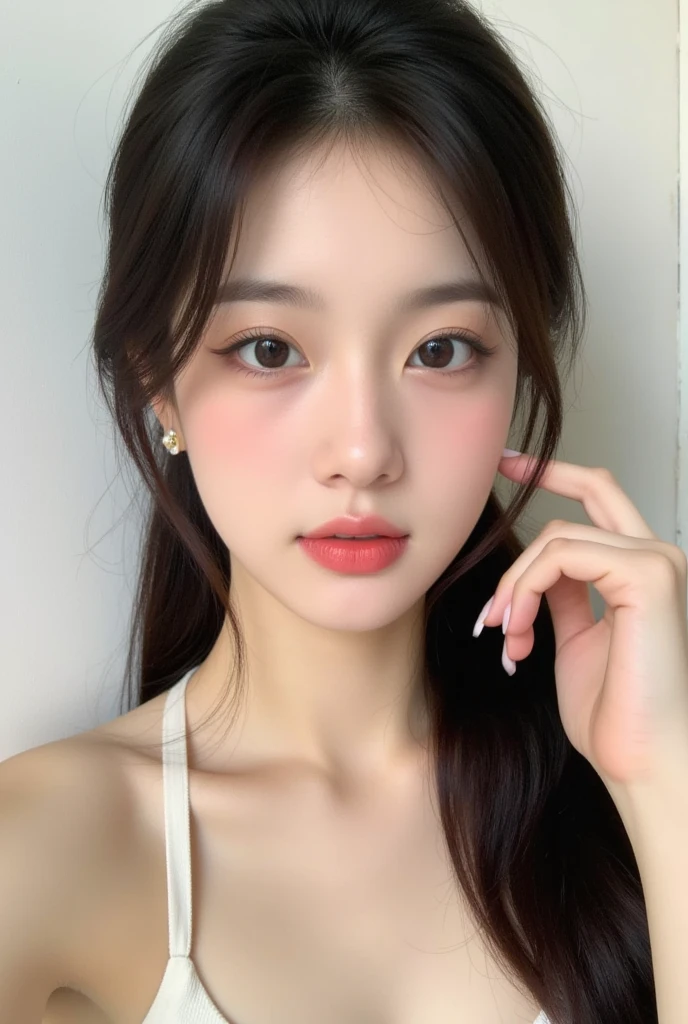 there is a woman with a white shirt and a black hair, beautiful aesthetic face, korean face features, young adorable korean face, popular south korean makeup, pale round face, popular korean makeup, ulzzang, korean girl, korean symmetrical face, beautiful south korean woman, lovely delicate face, beautiful delicate face, wan adorable korean face, beautiful young korean woman
