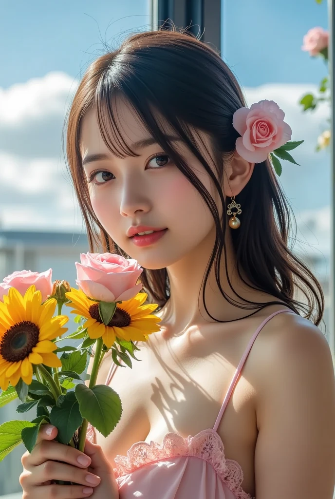 (in 8K、 Raw photography、top-quality,、hight resolution),、(hyper realisitic)、(realisitic),、Soft light、、girl with、Lifelike face、Realistic body、real looking skin、absurderes、​masterpiece、Cuties、独奏、Innocent eyes、blusher、Cinema Lights、cherry colored lips、The hair 、a closeup、looking at viewert、 Open lips,、Upper teeth,、(Smiling eyes:0.6)、eyes focus、professionally lit、CG Social Trends、Plastic En、((Black Long Hair))、((Beautuful Women))、(A smile)、Fashionable、(A sexy)、Hair that flutters in the wind、((Flowing hair))、(Sunflower hair ornament)、Happy -、fashion magazine、((lighting like a movie))、((mountain hut))、((playing in the water))