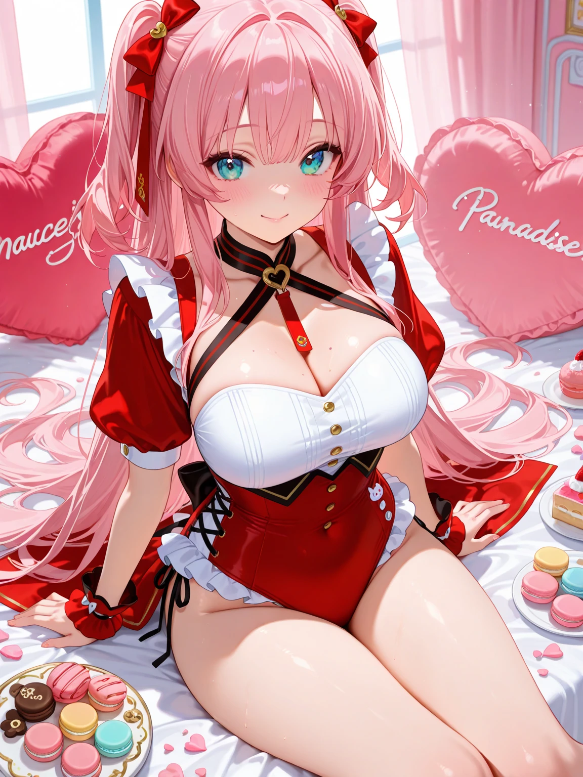 High quality, masterpiece, ultra-detailed, highly detailed outfit, choker, without bra, very tight evening dress, 1girl, solo, peaceful expression, long pink hair, fox ears, enchanting green eyes, ridiculously large breasts, laying on bed, bedroom, many heart-shaped balloons, large amount of balloons