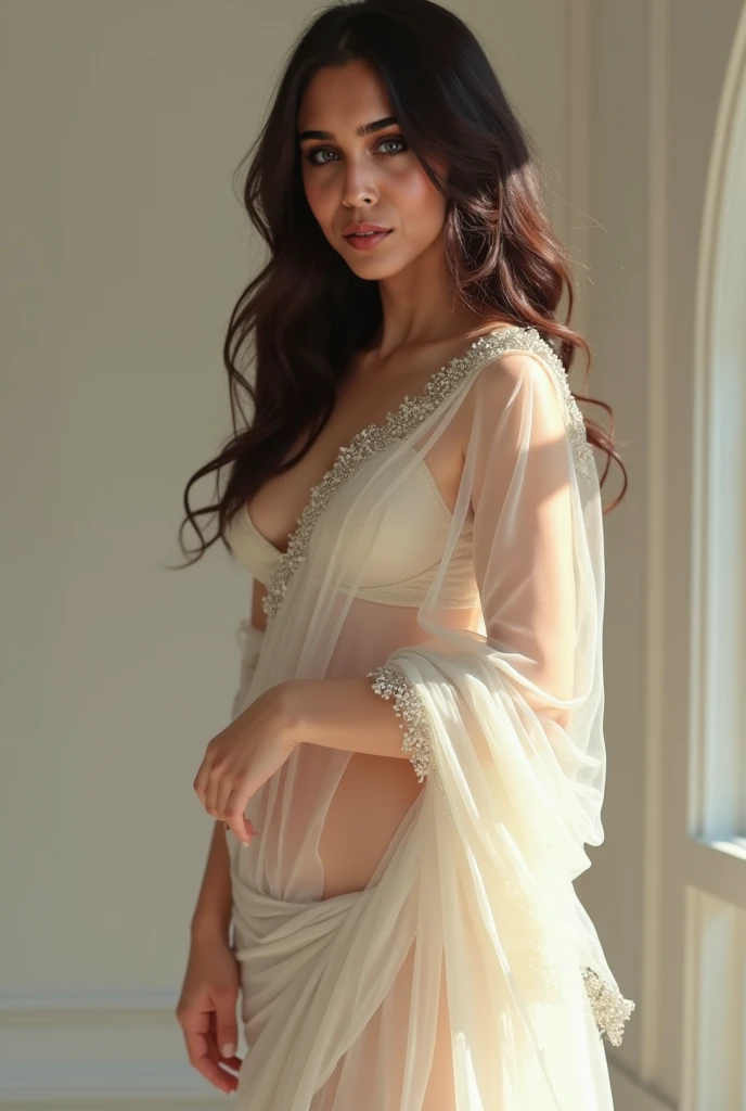 Kiara Advani is reclining gracefully on a luxurious bed, wearing a sensual, silk chemise that accentuates her elegant form. The soft fabric drapes delicately over her, catching the subtle glow of the dim, ambient lighting in the room. Her eyes are filled with anticipation and longing as she gazes towards the door, waiting for her husband. The atmosphere is intimate and romantic, with the room adorned with candles casting a warm, inviting glow, and plush pillows and silky sheets adding to the sense of comfort and allure.