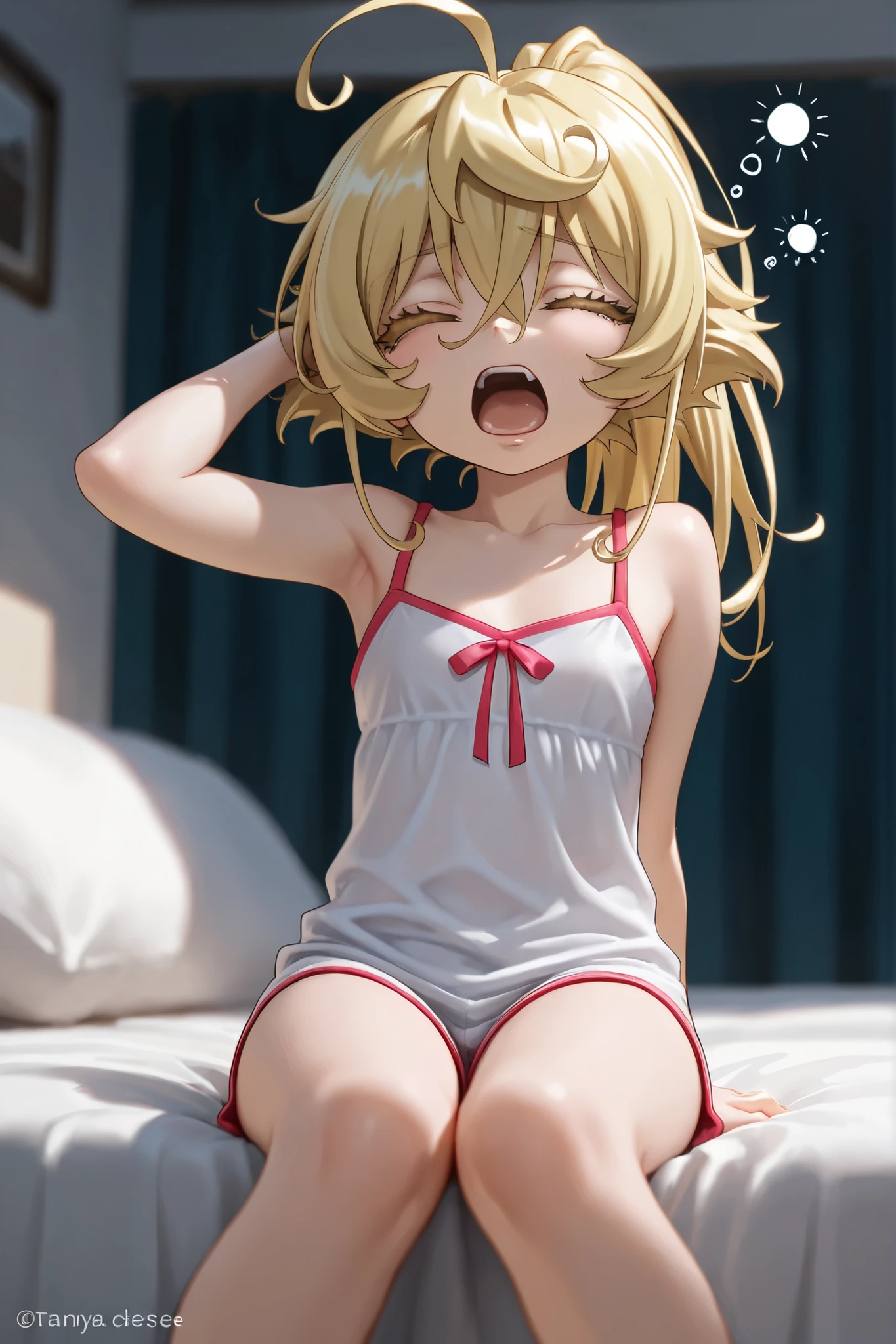 Furry cat，Yellow fur，Loli body，Orange eyes，Yellow hair，In the daytime，Glowing hair，Wear wet white panties,The whole body is stained with your white liquid，The underwear is stained with slimy liquid，The liquid flowed onto the bed without underwear,A shy look,Lie down in bed,Open your little mouth, ,Full body like,Top view,What an looks like,Bed linen is wet