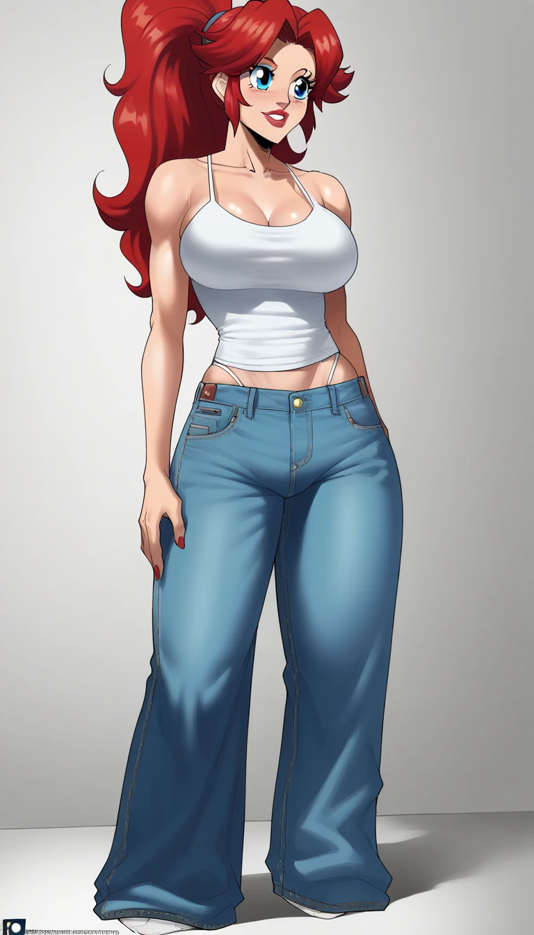 8k,4k,((Best quality, masterpiece, ultra high resolution)),((full body, by pixelsketcher)),  <lora:Sophie:0.7>,sophie, breasts, red hair,glasses, pants, brown pants, cleavage, necklace, black-framed eyewear, white crop top, crop top, sleeveless,midriff,  white footwear,(human), white background,black eyes