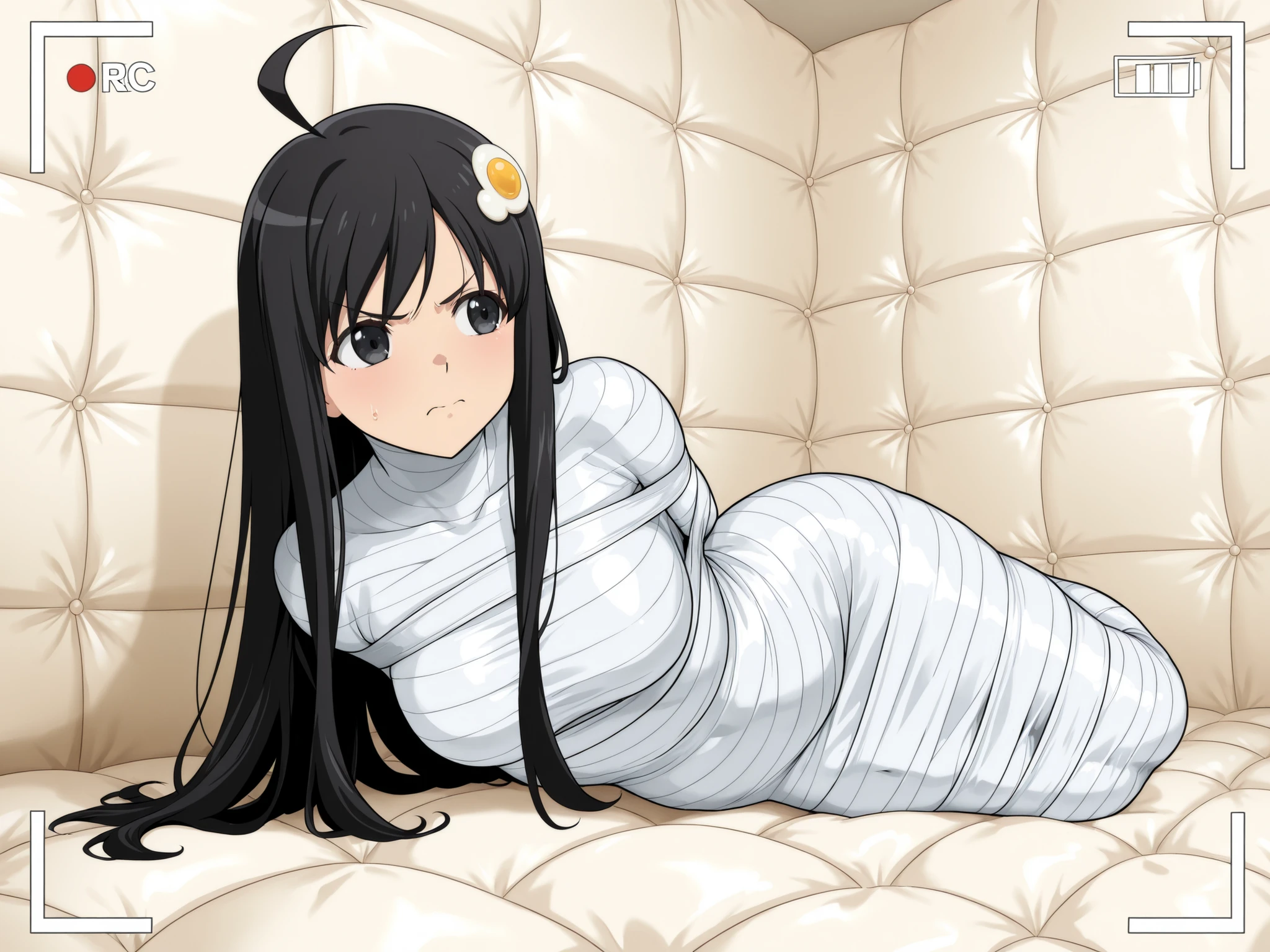 ,araragi tsukihi,tsukihi araragi,egg hair ornament,short hair,black hair,ahoge,black eyes,long hair,

,White bandage,All White tape,Mummification Bondage of White,White mummy,White mummification,White mummified,feet together,bondage,wrappedupgirl,Arms behind the body,Arm Mummification,
,Arms are pressed against the back,There is no space between the body and the arms,Hands behind the body,

,(masterpiece, best quality),anime style,beautiful girl,high resolution,vivid colors, extremely detailed,Ultra detail: 1.3,Vibrant colors,anime screenshot,

,Background an unadorned white Padded room,Background Small a featureless white room,

,1girl,solo,,Angry face,

,Whole full body,full body in frame,,face visible,,close-up,face focus,

,looking away,Look away from the camera,
