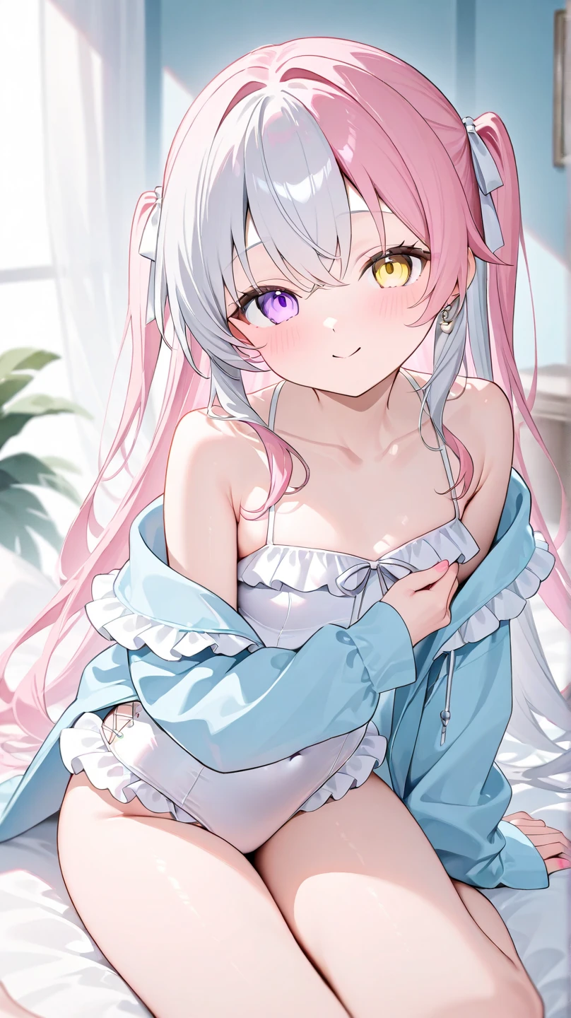 beautiful illustration, best quality, cute girl, bedroom, pastel color, fluffy bunny ears, , silver long hair, rabbit stuffed toy, bright lighting, light pink eyes, no clothing, light pink swimsuit