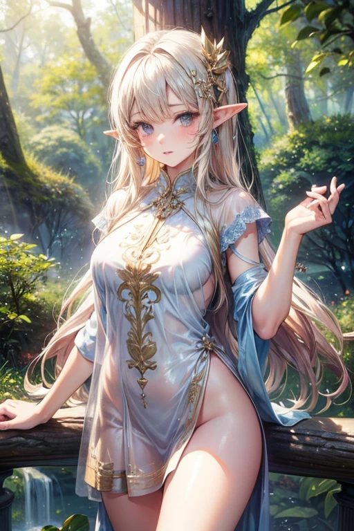 French girl 15 years old - wearing party costume, Fantasy,in 8K ,真实感, Photo , hight resolution, real looking skin, No cosmetics, to the girl : diadems, Sophisticated appearance,  plump body, pale skin with fair skin, elf,In clothes, fentezi, mystical forest,Breasts are protruding、fullnude、nakedness、Pubic hair is also showing、Thin leg、Walking
