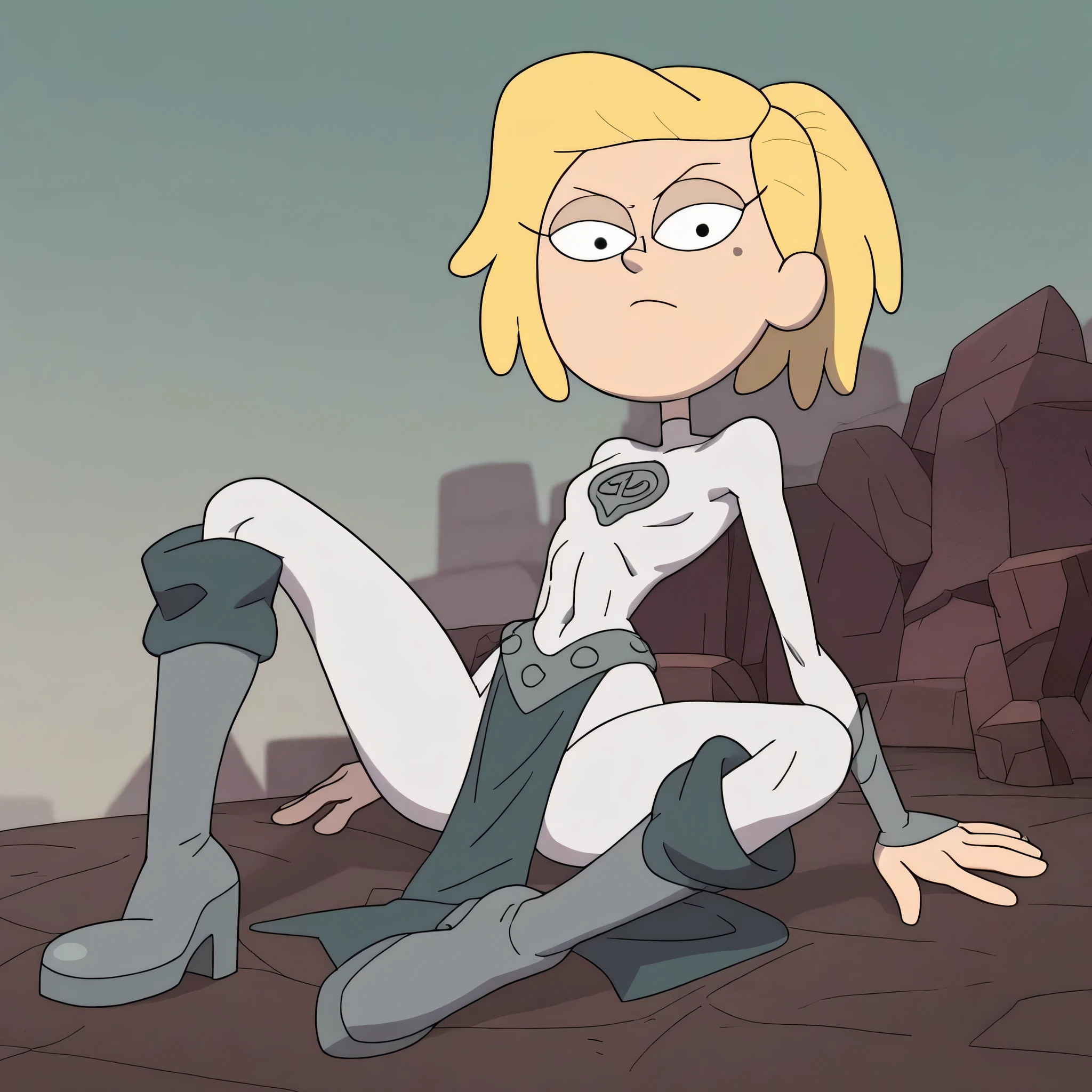 score_9, score_8_up, score_7_up, 1girl, Waybright, blonde hair, short hair, mole under eye, flat chest, narrow waist, wide hips, looking at viewer, highres, high quality, masterpiece, <lora:Sasha_Waybright:1,viltrumite_bodysuit, white bodysuit, grey trim, loincloth, gray boots, toned,