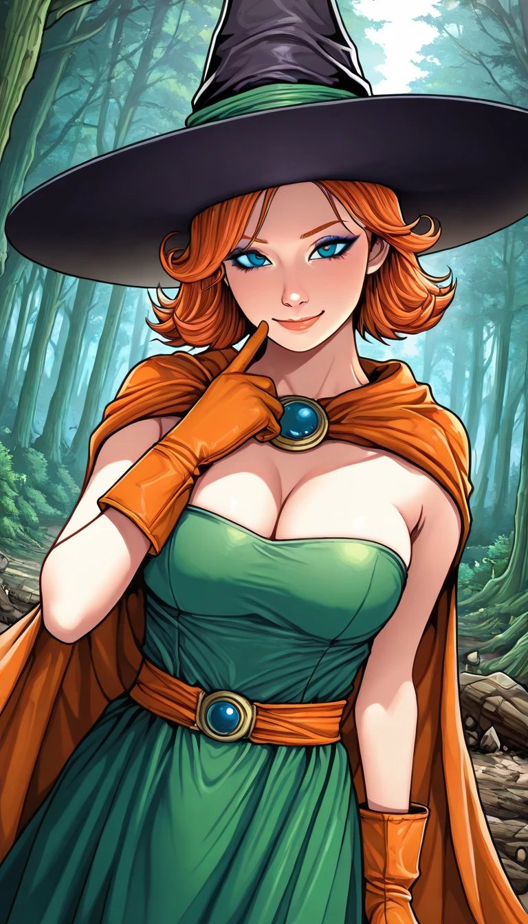 anatomically correct, best quality, masterpiece, high quality, high details, highres, HD, (shaded face:1.2), hollow eyes, blue eyes, looking at viewer, heavy breathing, expressionless, lips,, black hair, hair bun, 1girl, jack-o'-lantern, alloween, hat, solo, witch_hat, lantern, glasses, pumpkin, long_hair, breasts, yellow_eyes, witch, cleavage_cutout, medium_breasts, cleavage, brown_hair, lollipop, happy_halloween, dress