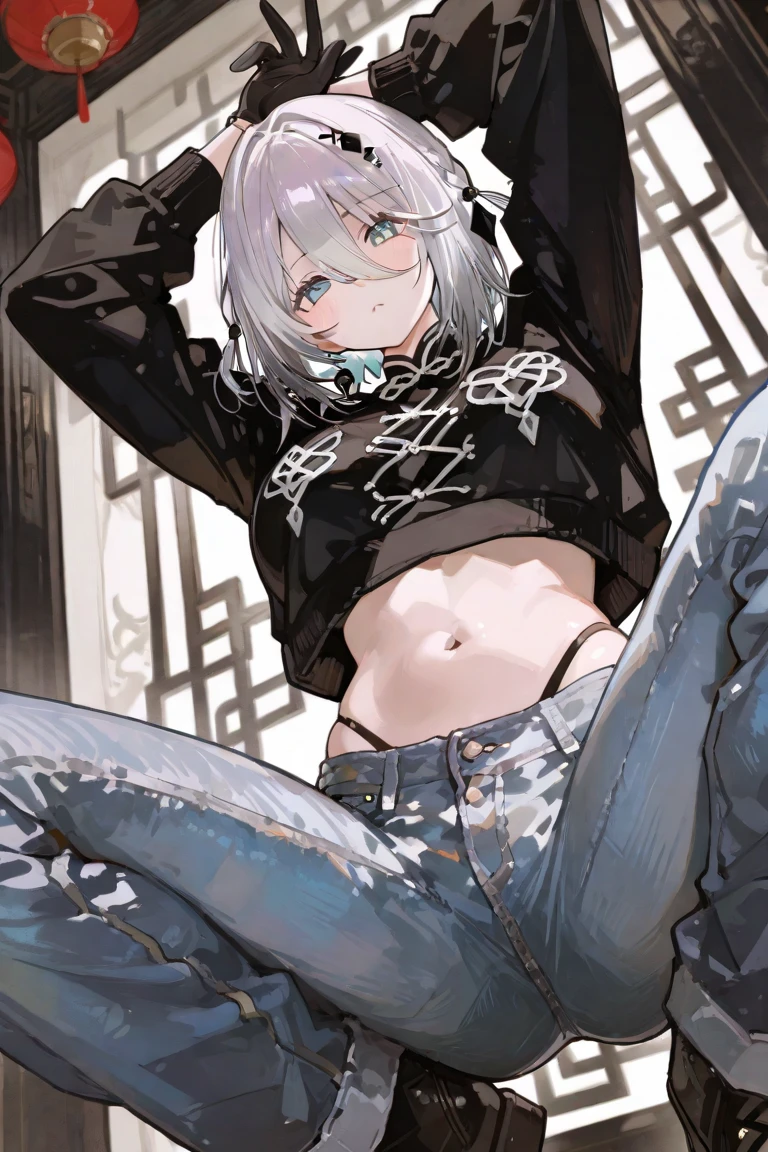 absurdres, highres, ultra detailed, super fine illustration, best quality, 1boy, perfect anatomy, male focus, solo, (dark-skinned:0.8) male, silver hair, long hair, black bikini, bare shoulders, bare arms, bare legs, &lt;lora:_L2090:-0.6&gt; &lt;lora:flat:-0.2&gt;