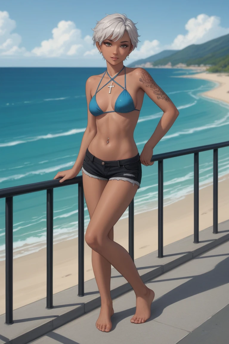 mulher,linda,praia, sorrindo, pernas perfeitas detalhada, arms at head height, Thin white bikini, cabelos preto corte curto, olhos grandes azul, corpo inteiro pernas perfeitas, camera angle further away, --auto --s2