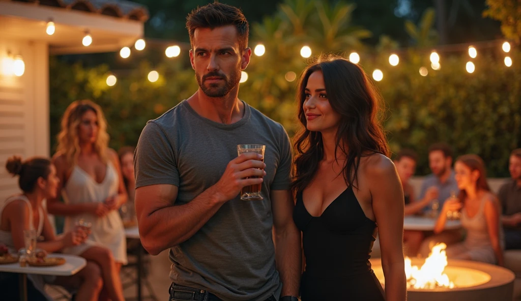 A breathtaking cinematic photograph in an 16:9 aspect ratio, capturing a 35-year-old man casually seated at a table in a chic beach bar, donning stylish sunglasses. Accompanied by a stunning woman, the duo shares an intimate moment over a bottle of wine and a platter of fresh seafood. The highly detailed image, reminiscent of raw photography, boasts a high-budget production quality, anchored by an epic Hollywood film aesthetic. The man exudes confidence and charisma, while the woman, with her sleek, wavy brown hair and captivating green eyes, is the epitome of western beauty.