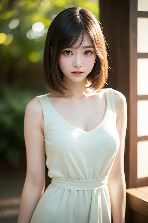 girl, White skin, Dark brown short tiered hair, V cut with layers and bangs, Brown eyes, Soft atmosphere characteristics (Highest quality, Ultra-high resolution, 8K, RAW Photos, Ultra-high resolution: 1.2, masterpiece: 1.3), (Realistic, Realistic: 1.37), Very detailed, Professional Lighting, Photon Mapping, Radio City, Physically Based Rendering, One Girl, high school girl, Sharp focus:1.2、Beautiful woman:1.4,cute, Nice, Adorable, smile, Normal chest, ((Sports Fashion)),indoor,necklace,Selfie
