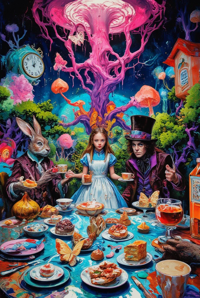 Dakota Fanning y Willy Wonka sentados en una banca, en una noche hermosa al estilo de Starry Night