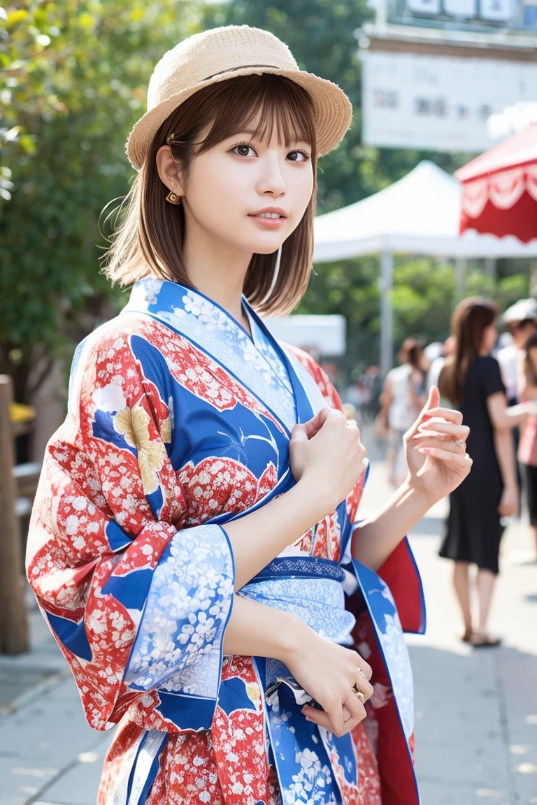 highest quality, Photorealistic, Very detailed, finely, High resolution, 8K Wallpaper, Professional, High level of detail, ((One 18 year old girl:1.2)), Slender Japanese women,Pretty lips, (Beautiful long lashes:1.2)、Detailed clavicle, Perfect Face, (Cute short bob hair:1.5),Top Quality，Ultra-clear resolution，Clear Eyes，Sunburned skin，Perfect large breasts，have perfect legs，(Enjoy the festival fair:1.5)、(Posing in a yukata:1.5)、(Full-body photo:1.5)