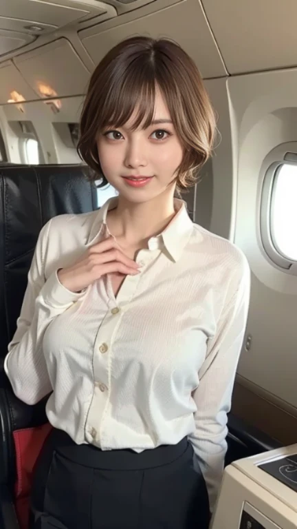 Product quality, Upper Body Shot, A stylish cafe terrace inside the airport, Beauty Salon Model, Young and beautiful Japan woman, Short Bob Hair, Super cute face, glamorous, I wear a satin silk white shirt with short sleeves and long sleeves with a collar, Lots of smiles on the airport cafe terrace, Glossy Lips, Double eyelids on both eyes, Natural Makeup, Long eyelashes, Shiny and smooth light brown hair, Asymmetrical bangs, Sunburned skin, Center image, High resolution, High detail, Detailed hairstyle, Detailed face, Cinema Lighting, Surreal, Perfect body,Before you leave for your trip abroad