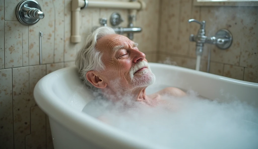 Un homme souriant dans un bain de mousse dans une salle de bain gothique