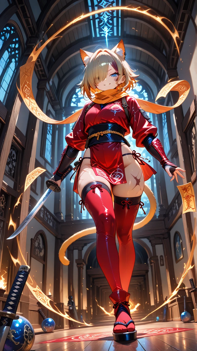 Rear view、red cloak、tattoo、red eyes、(((Touch genitals and spread gangbang)))、female organ、(((pubic hair)))、naked、Beautiful Girl Magician、blonde twintails、((whole body))、(((photo taken from below)))、darkness