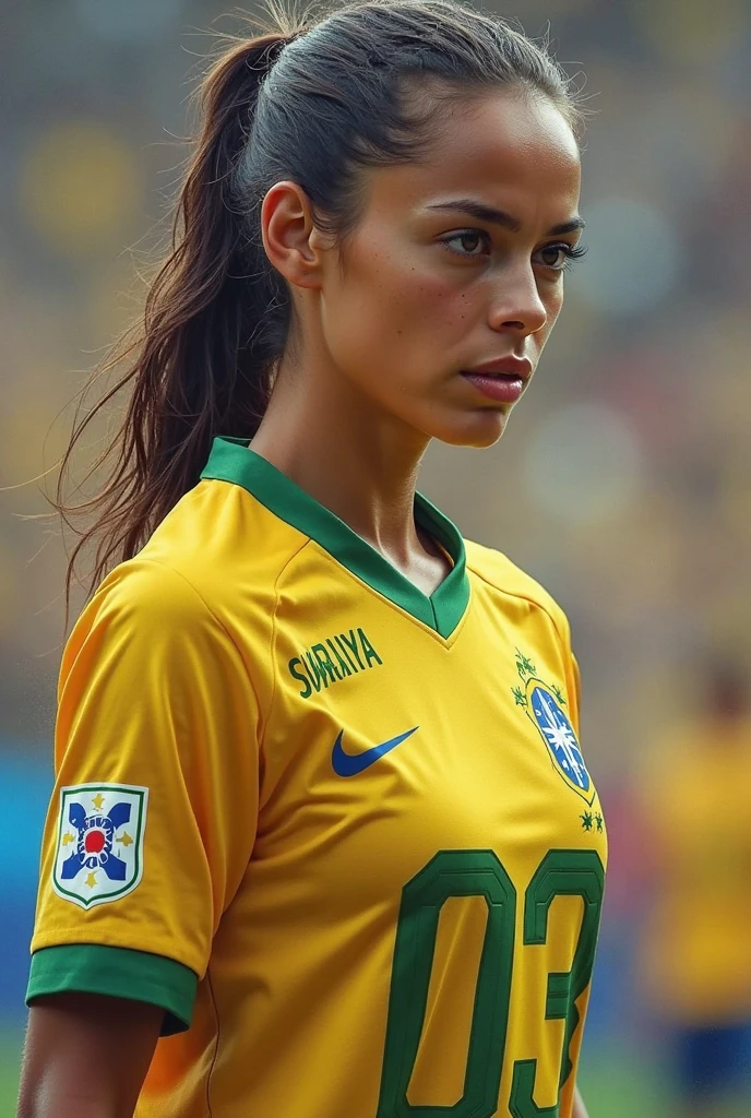 a Brazilian woman, football player, beautiful, exuberant