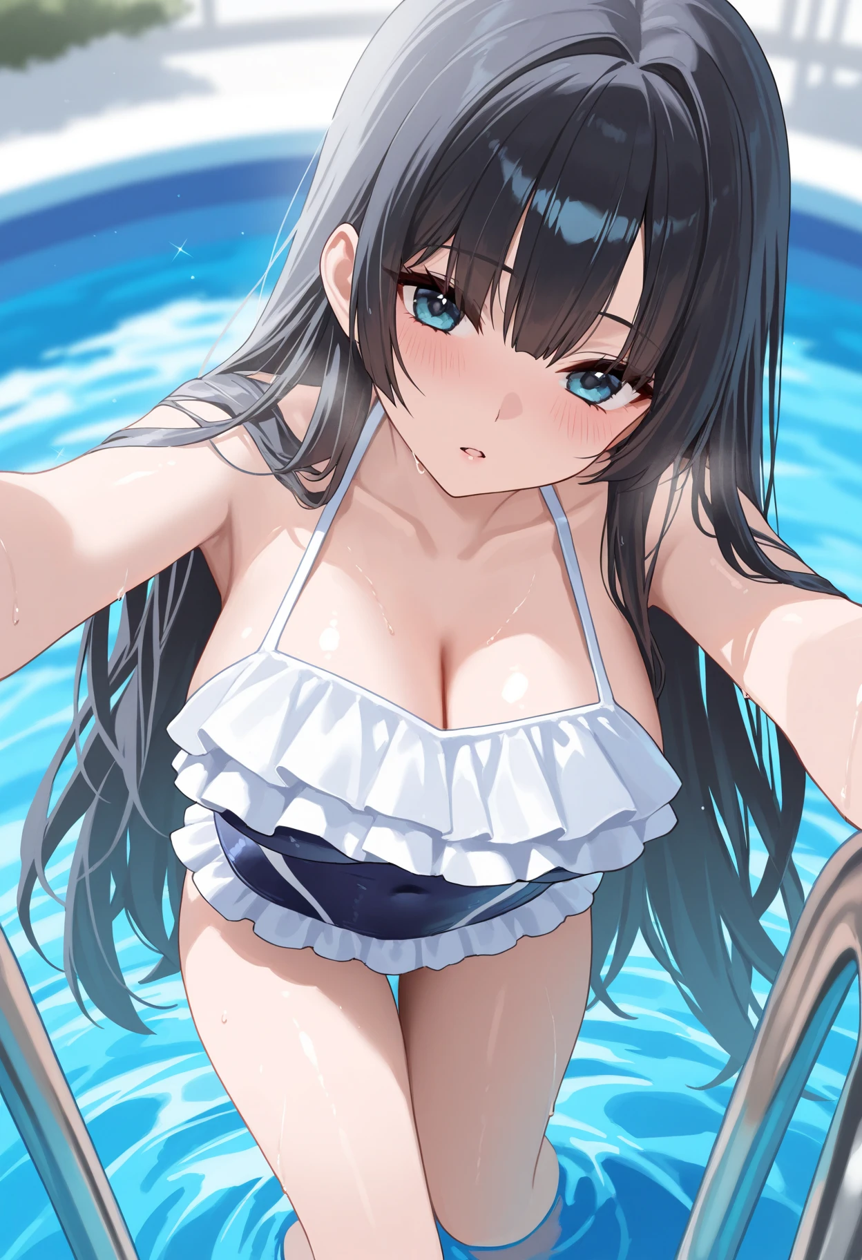(masterpiece:1.0),(highest quality:1.0),Ultra-high resolution,Absurd,Very detailed,Swimming in the sea,A rich expression, One girl,alone,Long black hair,Large Breasts, Micro Bikini,whole body,summer,Taking a bath,水浴びでwhole bodyが濡れている,Topless,Beautiful nipples、Her naughty nipples are visible、