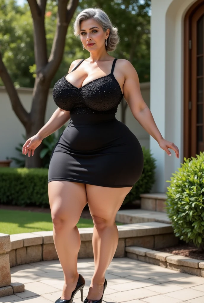 Isouth ndian beautiful woman sexy curvy plus size model wearing modern diferrent color night dress front facing to camera in standing position, curvy plus size figure,big m-cup breasts, side bun hairstyle, bright eyes, thin eyebrows, fair skin, blushing cheeks, prefect curvy body, head to thigh view,beautiful garden background
