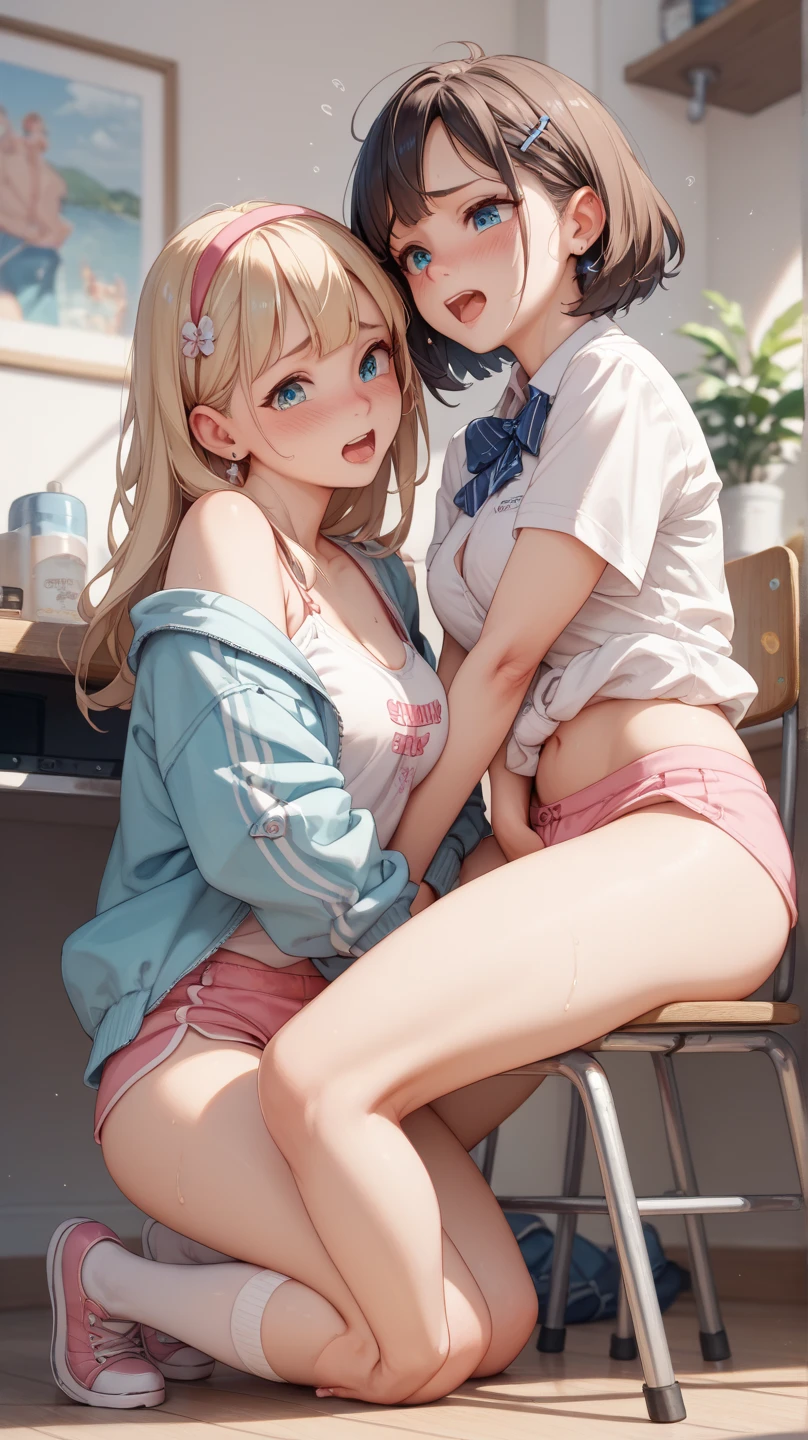 (Masterpiece: 1.4), two girls, (1 girl is yukino yukinoshita, the other gilrs is yui yuigahama:1.5), (1girl has waist long black hair and the other girl has pink hair in a single bun:1.5), kissing, sticking out their tongues, exchange of saliva, tears, underwear, wistful expression, skin wet with sweat, wet underwear, sexual arousal