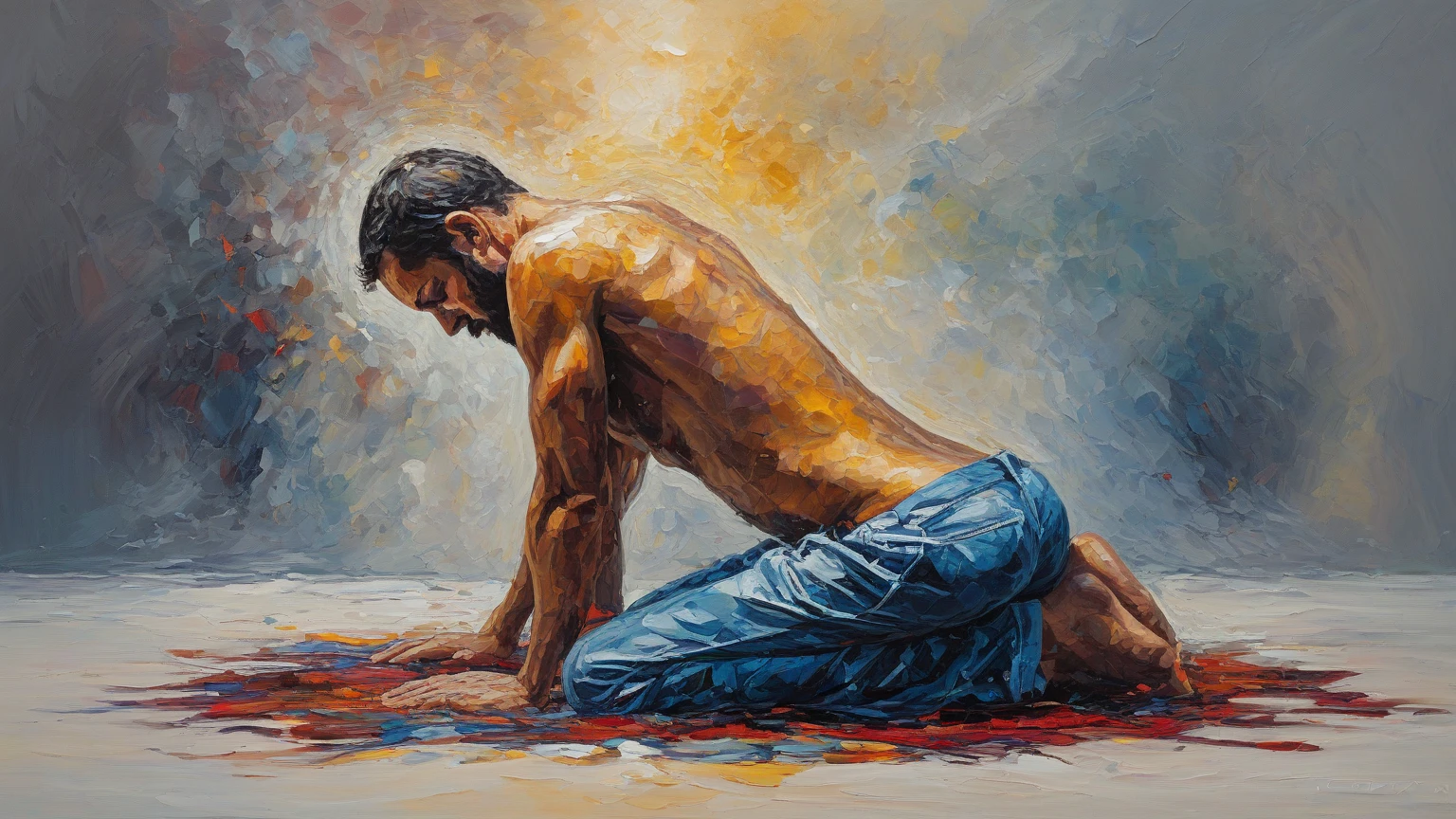 A man kneeling with "苦痛" on the chest drawing