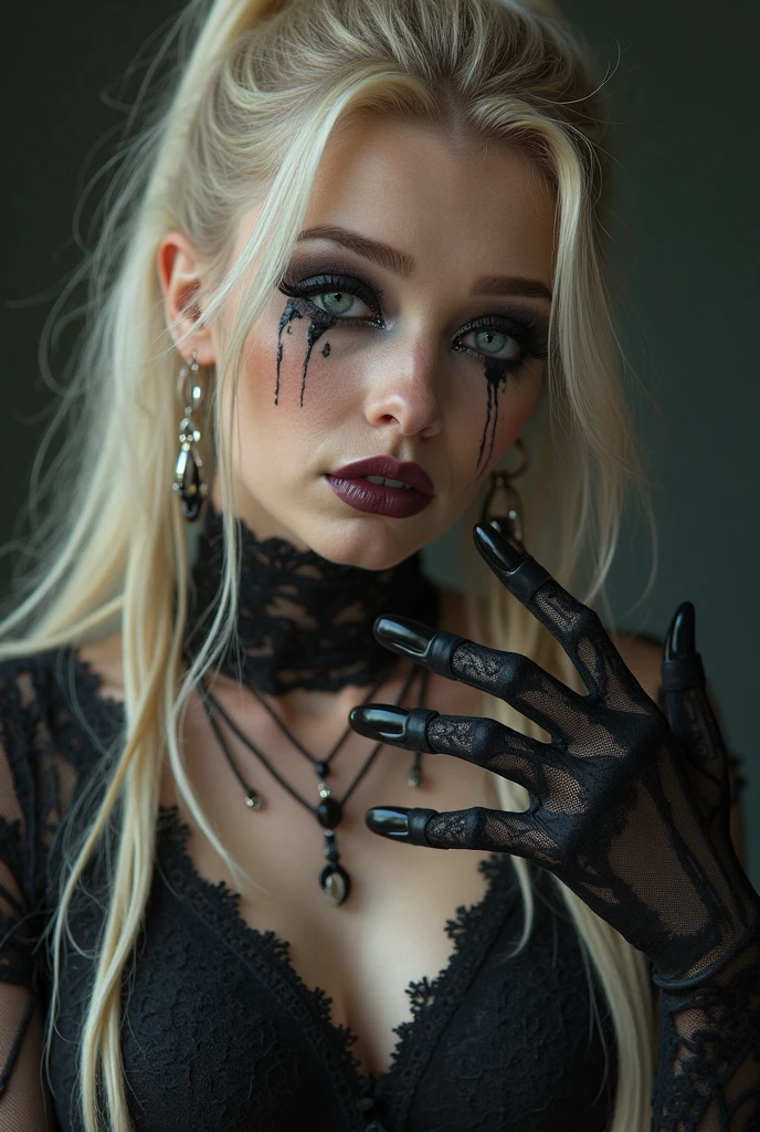 A woman with lilac eyes, white hair with blue and purple streaks, Pale skin, mouth cut to the cheeks, dressed in a transparent black blouse, a skirt with black chains, some long and big boots in black and some stockings and with Creepypasta style