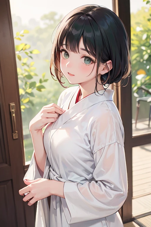 highest quality、Realistic、woman、summer night、Gray Eyes、ponytail、all back、Black Hair、Light blue yukata、Open yukata、Tanned black body、Tan Skin、Brown black skin、Dark skin、slender、Large Breasts、White Lingerie、smile、Bust Shot