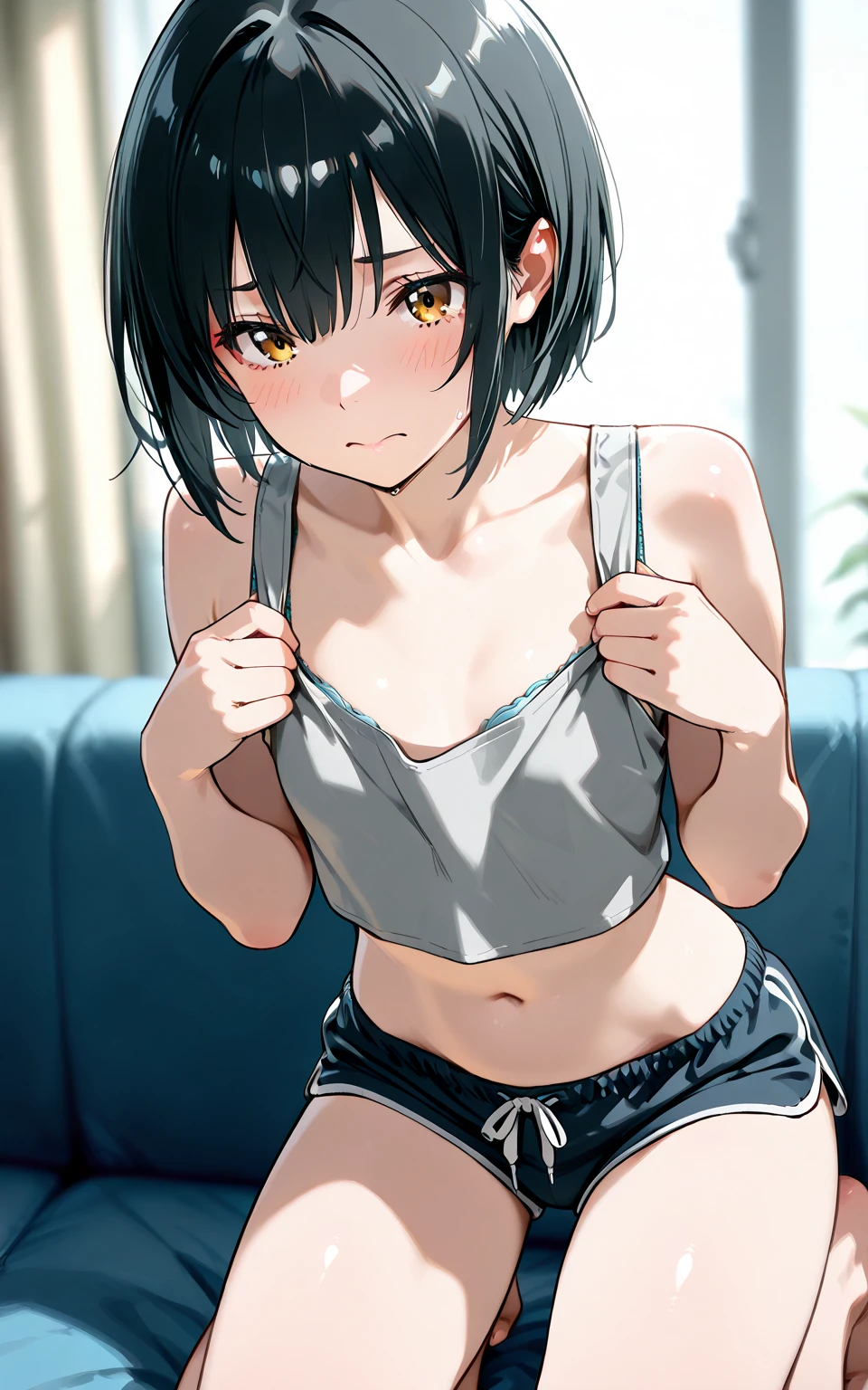 Yukimi, 10., Blunt bangs,Shortcuts,Black Hair,,Flat Chest, Expressionless, shy, whole body, Highest quality, School classroom、Angle from below、stand、Cute Bra,(Small panties:1.4)、Embarrassing,Put your hands behind your back
